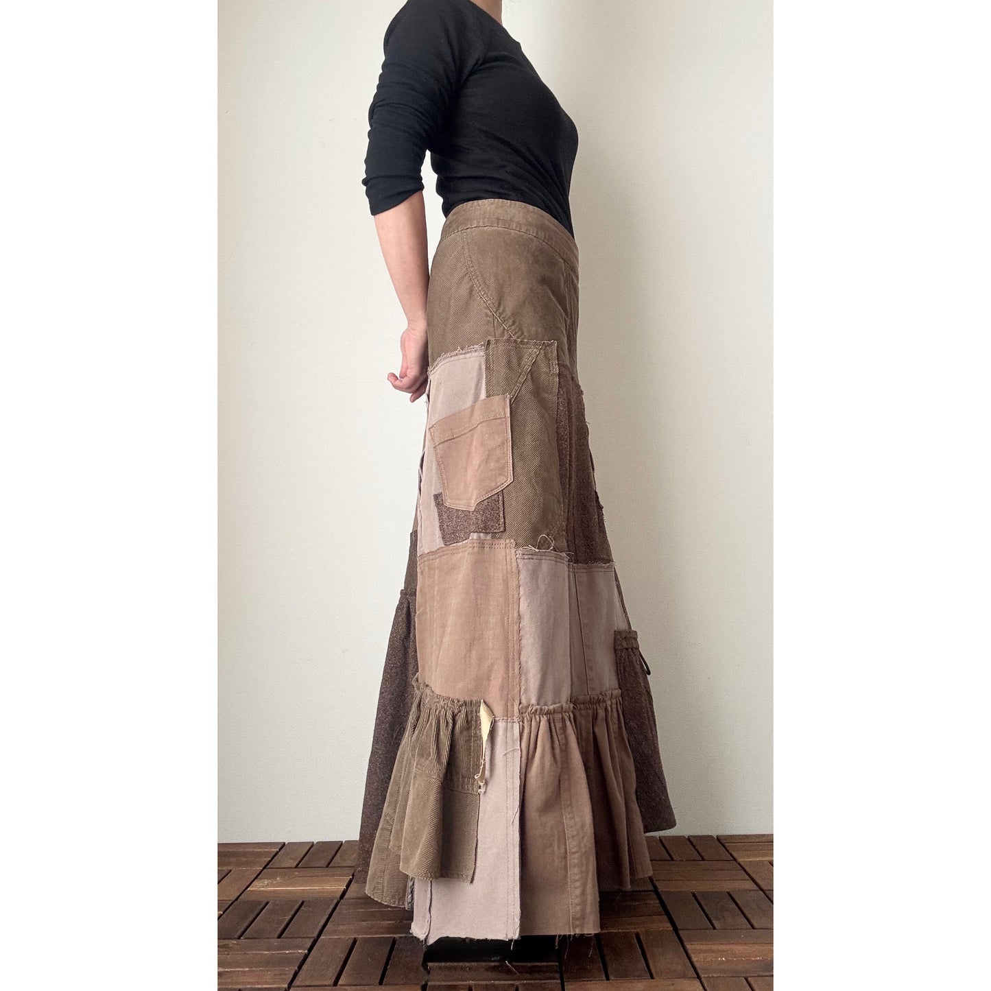 Upcycled Brown Patchwork Maxi Skirt / Mermaid Silhouette / Tweed & Corduroy / Preloved Denim / Fall–Winter