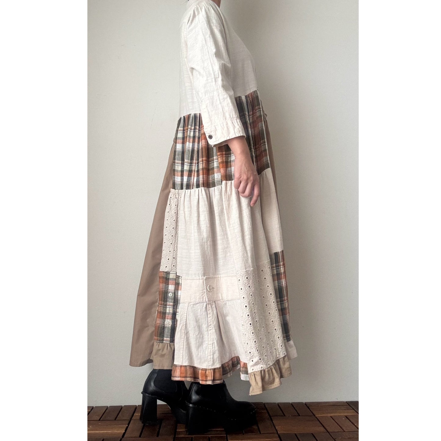 Upcycled Patchwork Maxi Dress – Reconstructed Beige & Plaid One-of-a-Kind Piece