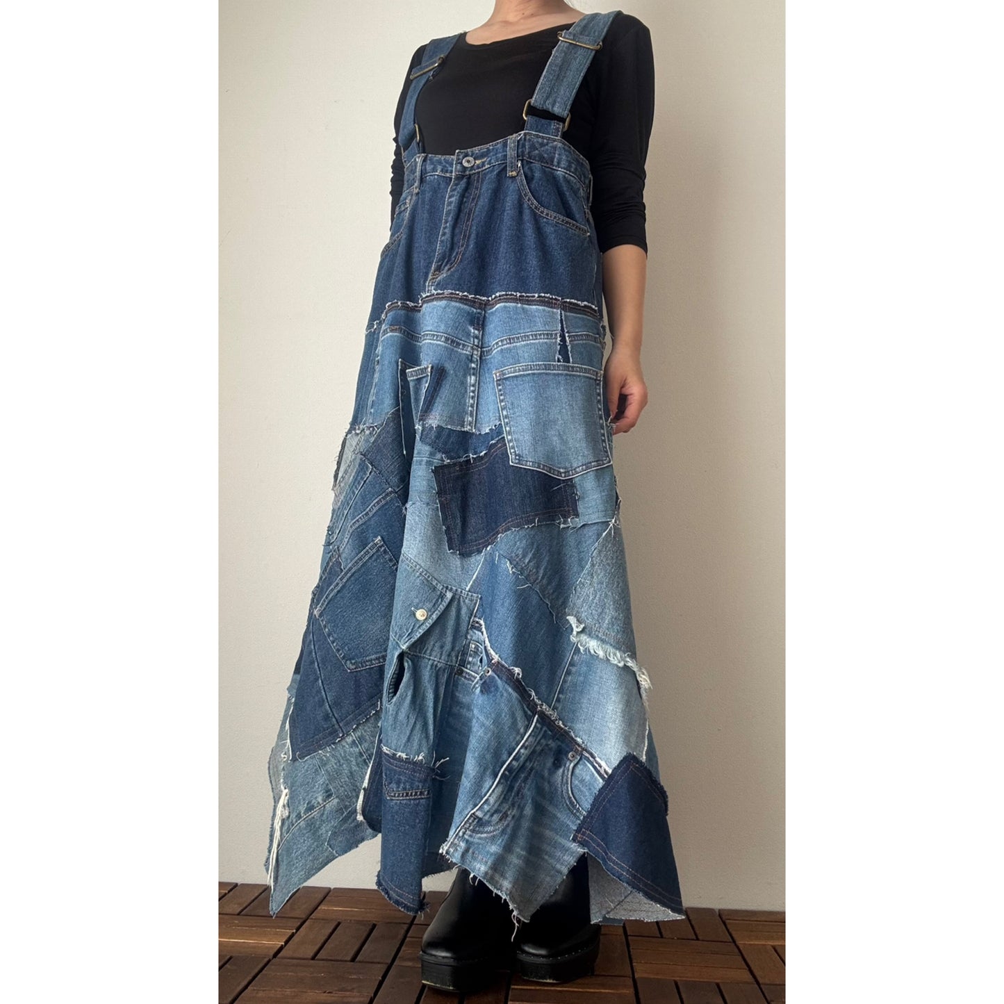 Upcycled Denim Patchwork Jumper Dress – Reconstructed A-Line One-of-a-Kind Piece