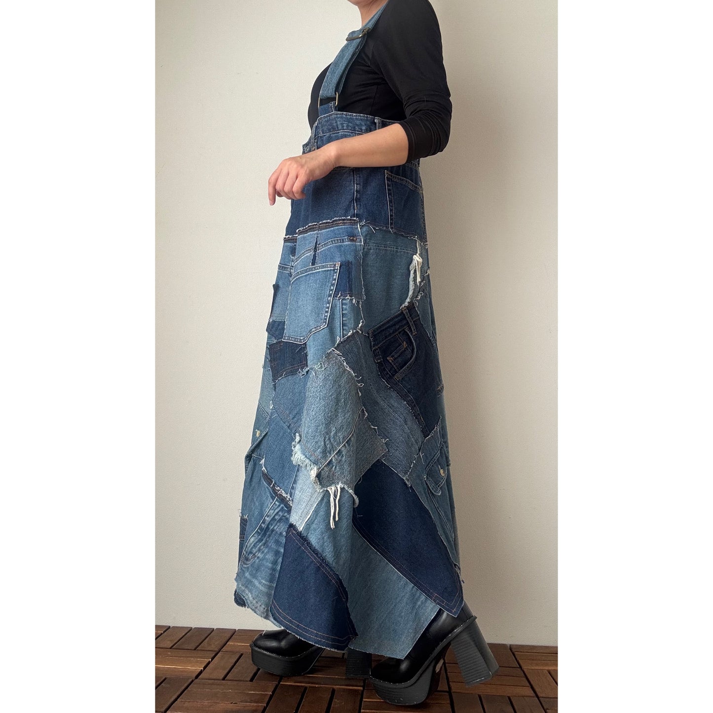 Upcycled Denim Patchwork Jumper Dress – Reconstructed A-Line One-of-a-Kind Piece
