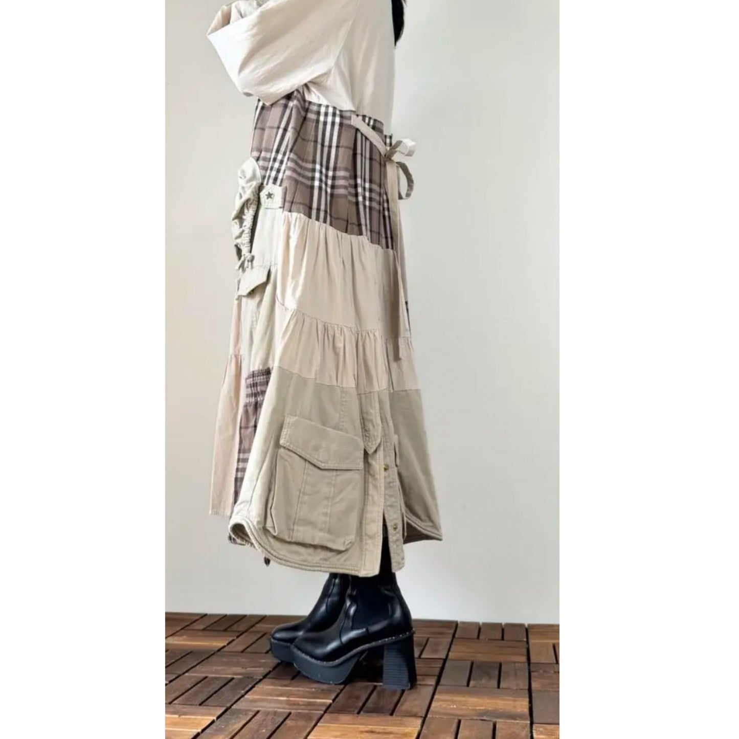 Upcycled Patchwork Midi Dress Crafted from Earth-Tone Secondhand Garments | One-of-a-Kind Handmade Piece