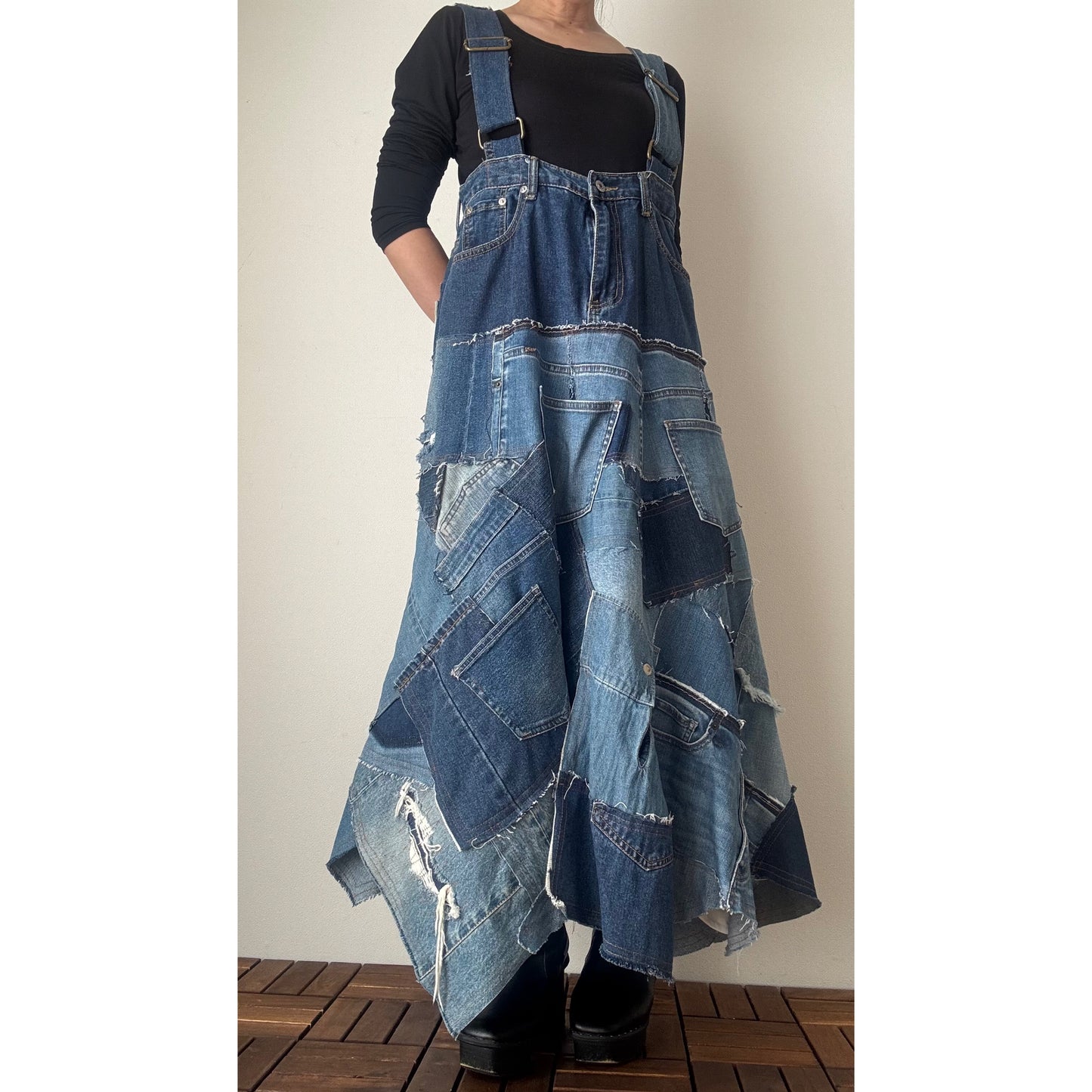 Upcycled Denim Patchwork Jumper Dress – Reconstructed A-Line One-of-a-Kind Piece