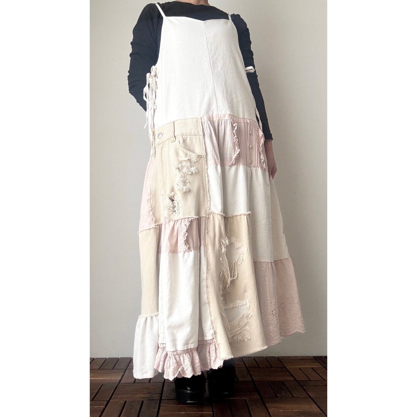 Upcycled Linen & Lace Jumper Dress – Patchwork Maxi with Distressed Denim Details | One-of-a-Kind