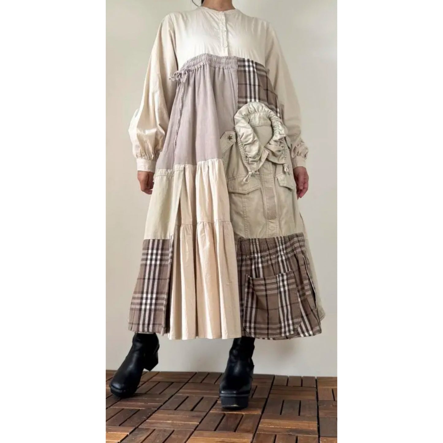 Upcycled Patchwork Midi Dress Crafted from Earth-Tone Secondhand Garments | One-of-a-Kind Handmade Piece