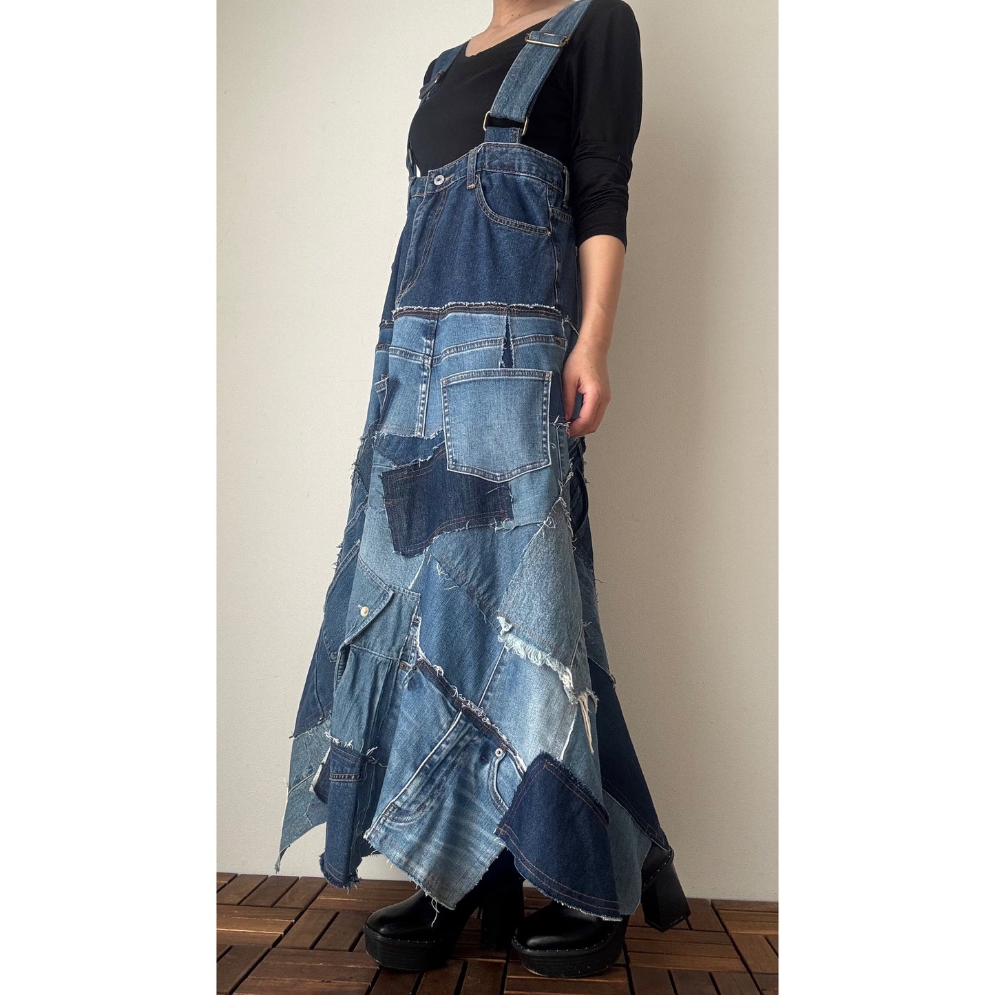 Upcycled Denim Patchwork Jumper Dress – Reconstructed A-Line One-of-a-Kind Piece