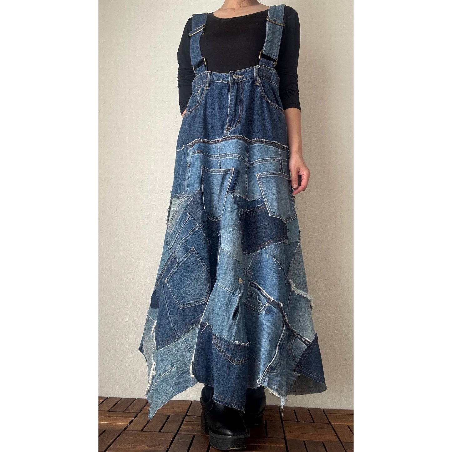 Upcycled Denim Patchwork Jumper Dress – Reconstructed A-Line One-of-a-Kind Piece
