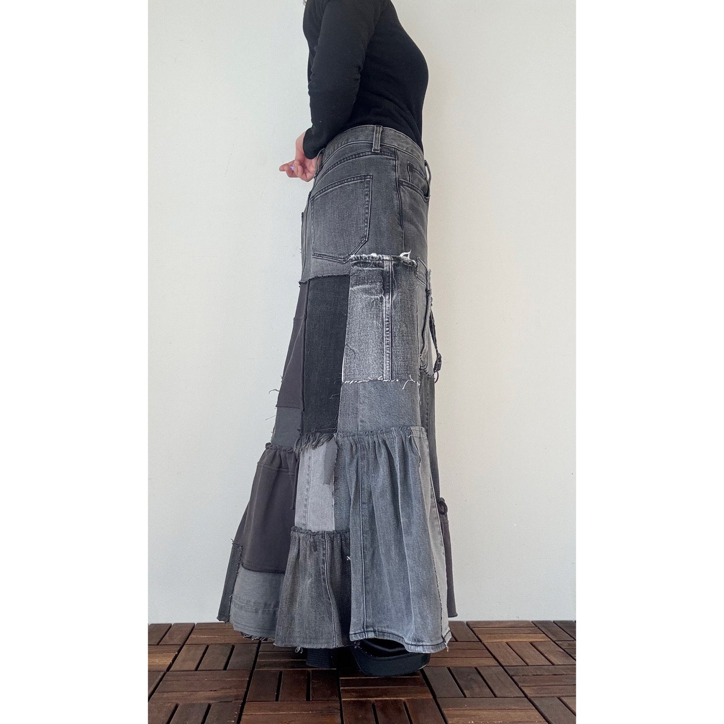 Upcycled Gray Denim Patchwork Long Skirt / Reconstructed Jeans Maxi Skirt / One-of-a-kind Handmade Upcycled Clothing