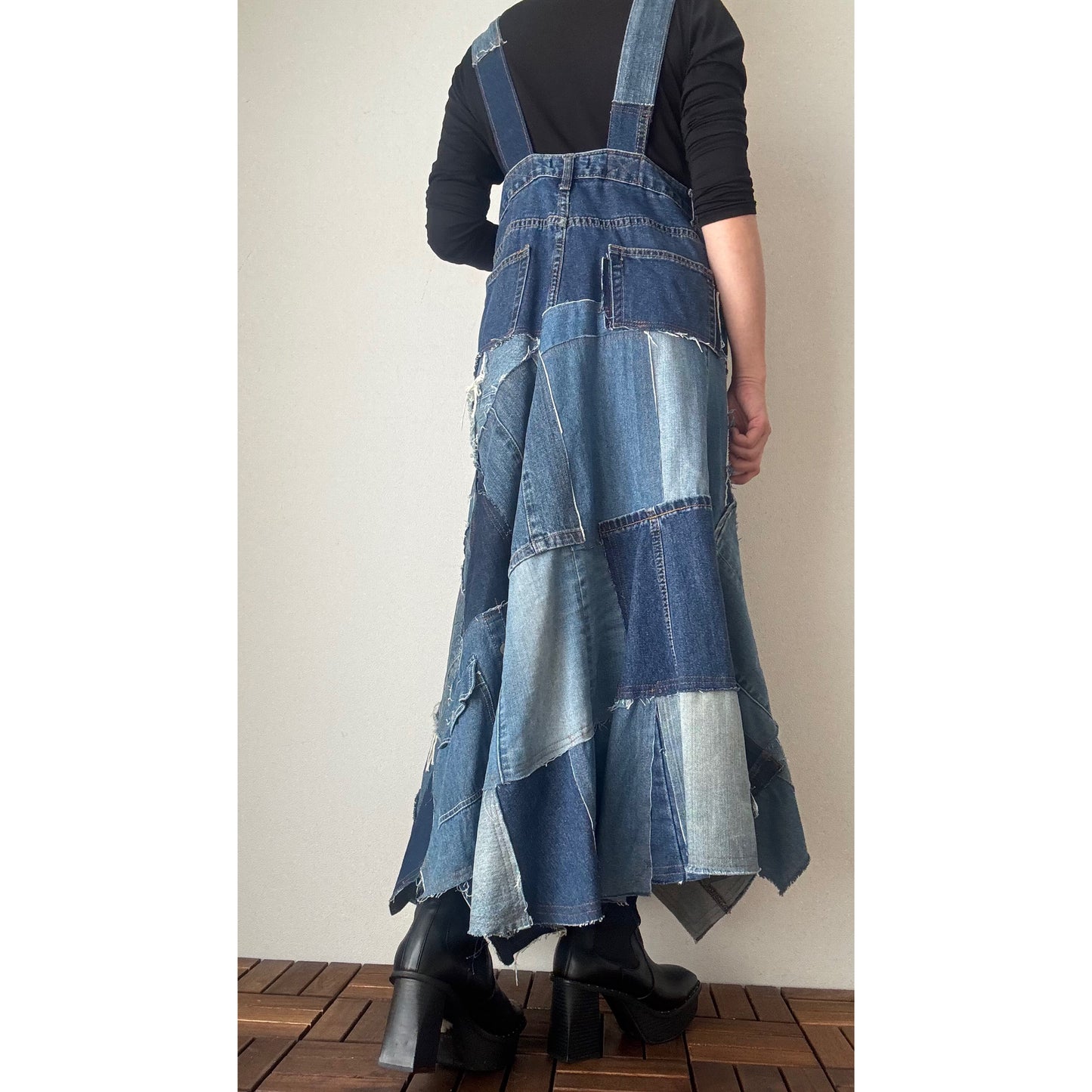 Upcycled Denim Patchwork Jumper Dress – Reconstructed A-Line One-of-a-Kind Piece
