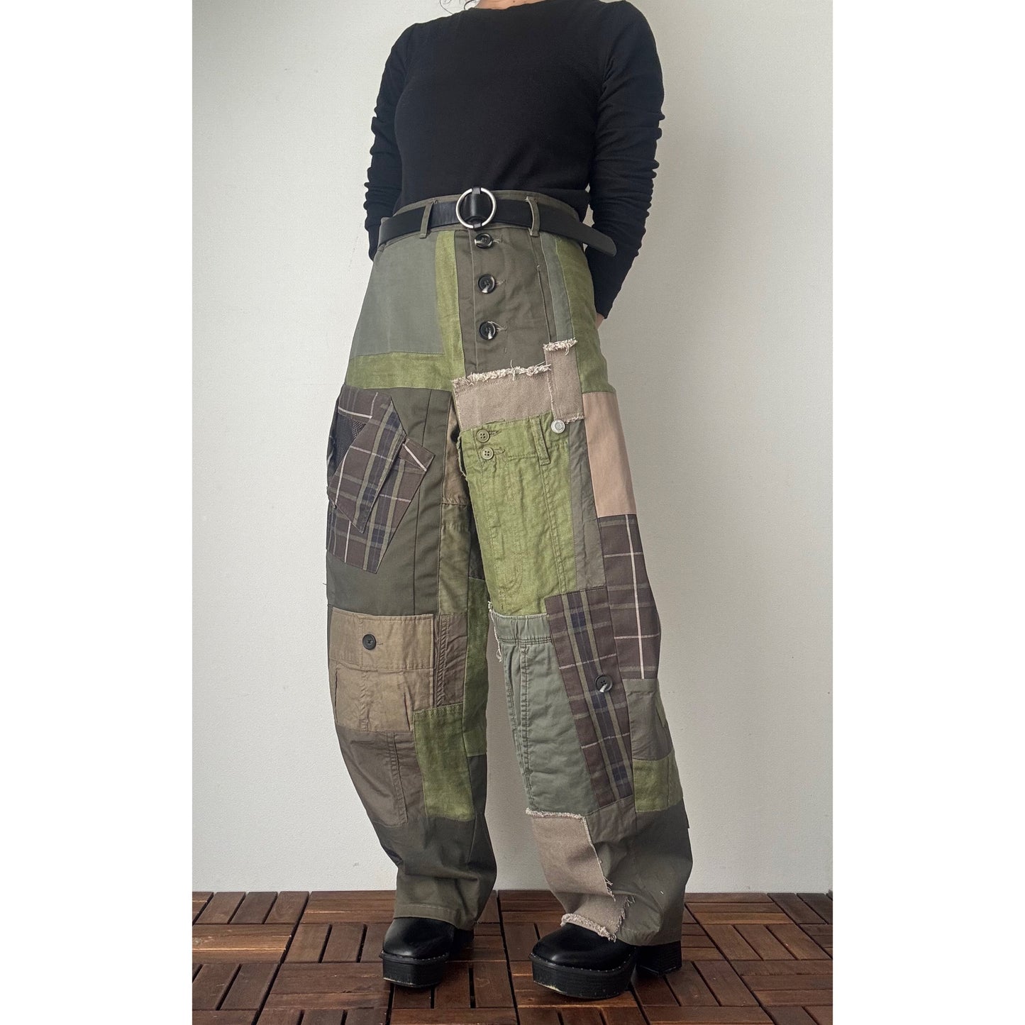 Upcycled Khaki Patchwork Pants, Balloon Silhouette Olive Green Trousers, Handmade Reworked Cotton Linen, One of a Kind