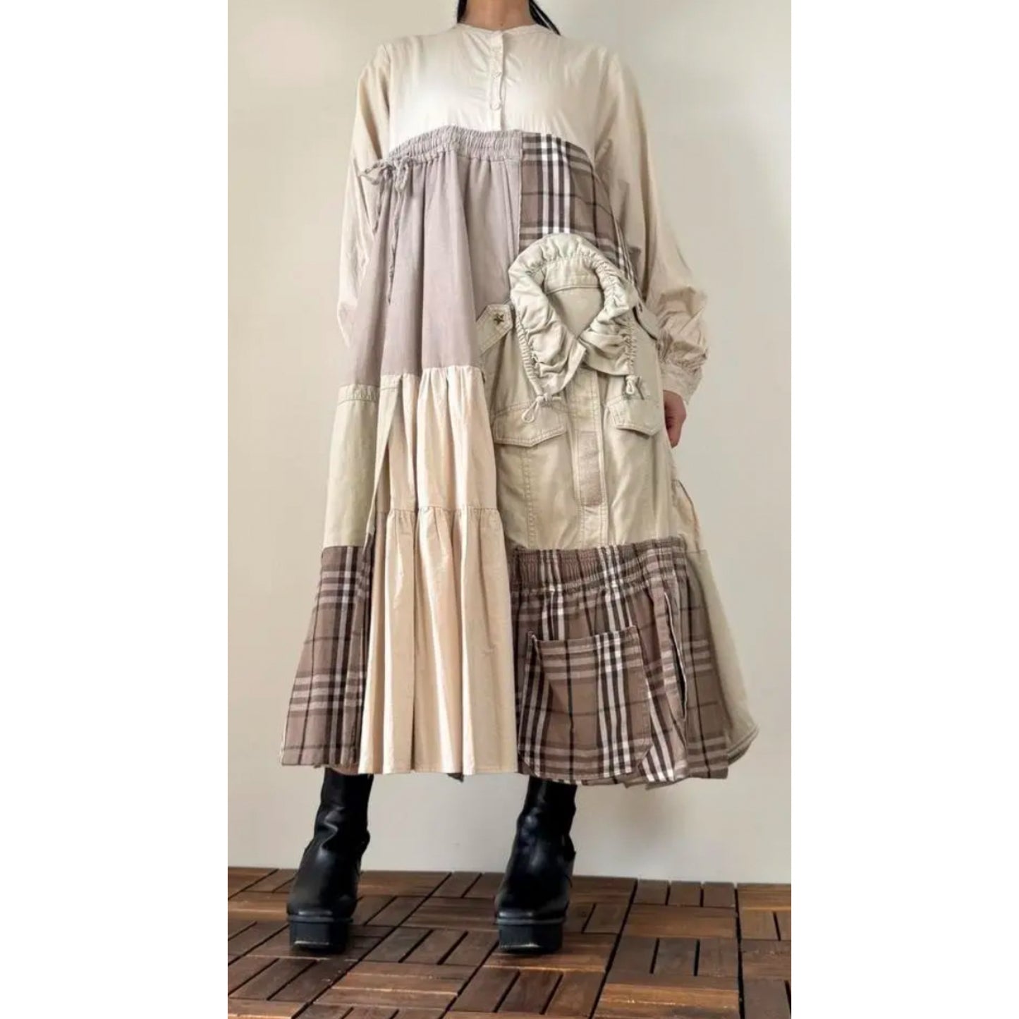 Upcycled Patchwork Midi Dress Crafted from Earth-Tone Secondhand Garments | One-of-a-Kind Handmade Piece