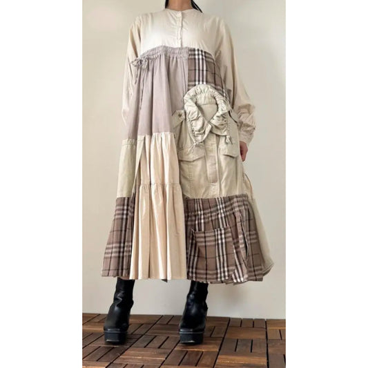 Upcycled Patchwork Midi Dress Crafted from Earth-Tone Secondhand Garments | One-of-a-Kind Handmade Piece