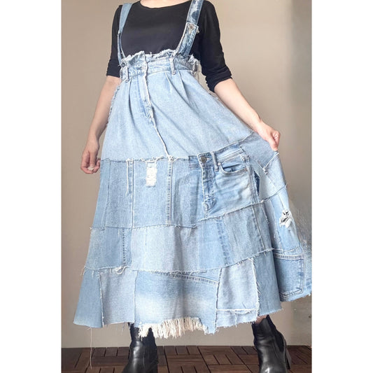 Light Blue Denim Jumper Skirt – Upcycled Patchwork Dress with Removable Straps | Handmade One-of-a-Kind