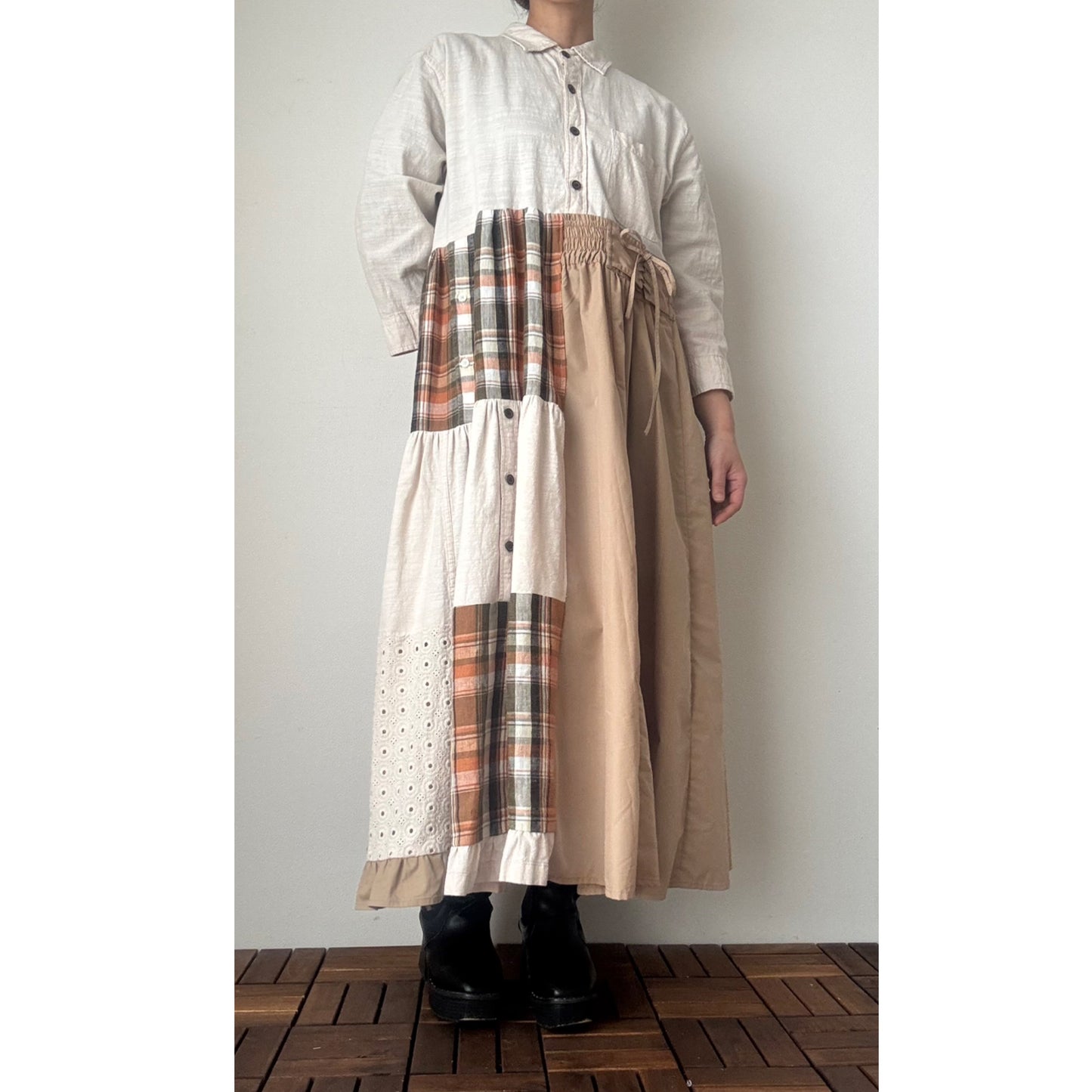 Upcycled Patchwork Maxi Dress – Reconstructed Beige & Plaid One-of-a-Kind Piece