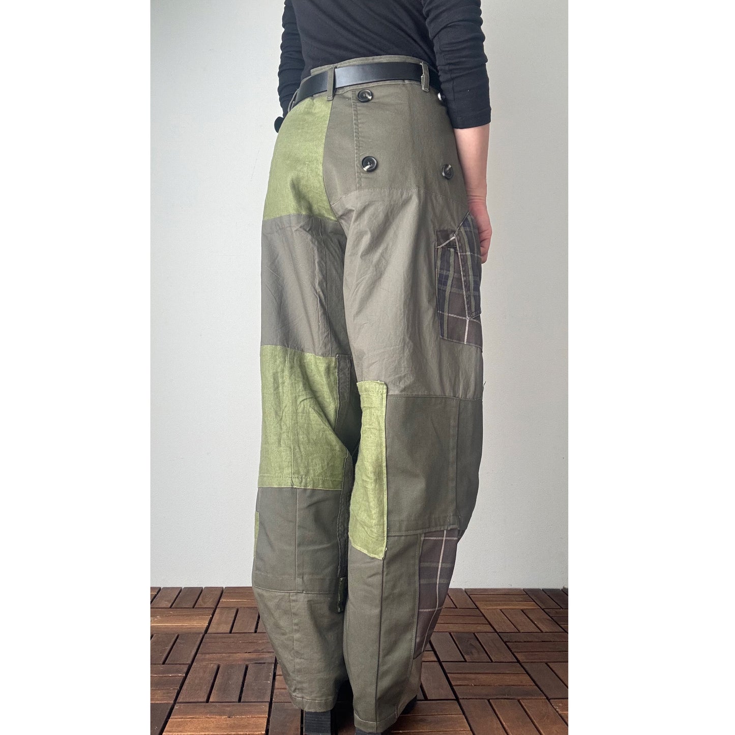Upcycled Khaki Patchwork Pants, Balloon Silhouette Olive Green Trousers, Handmade Reworked Cotton Linen, One of a Kind