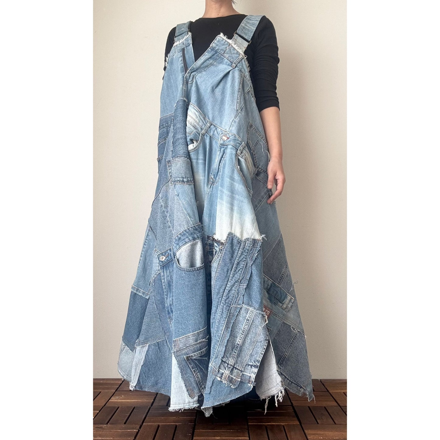 Bold Upcycled Denim Jumper Dress – Asymmetrical Patchwork Maxi, Handmade One-of-a-Kind