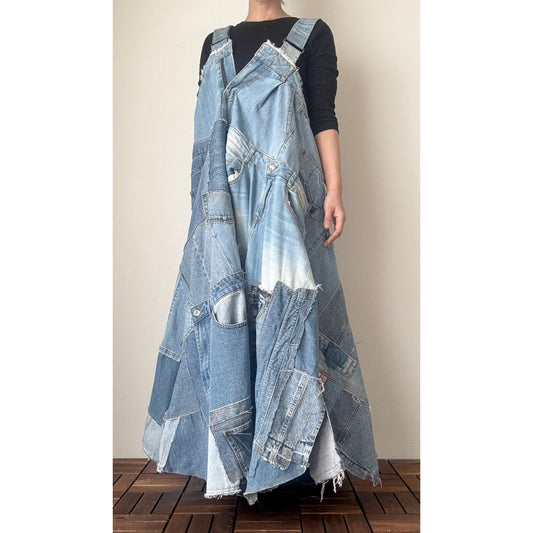 Bold Upcycled Denim Jumper Dress – Asymmetrical Patchwork Maxi, Handmade One-of-a-Kind