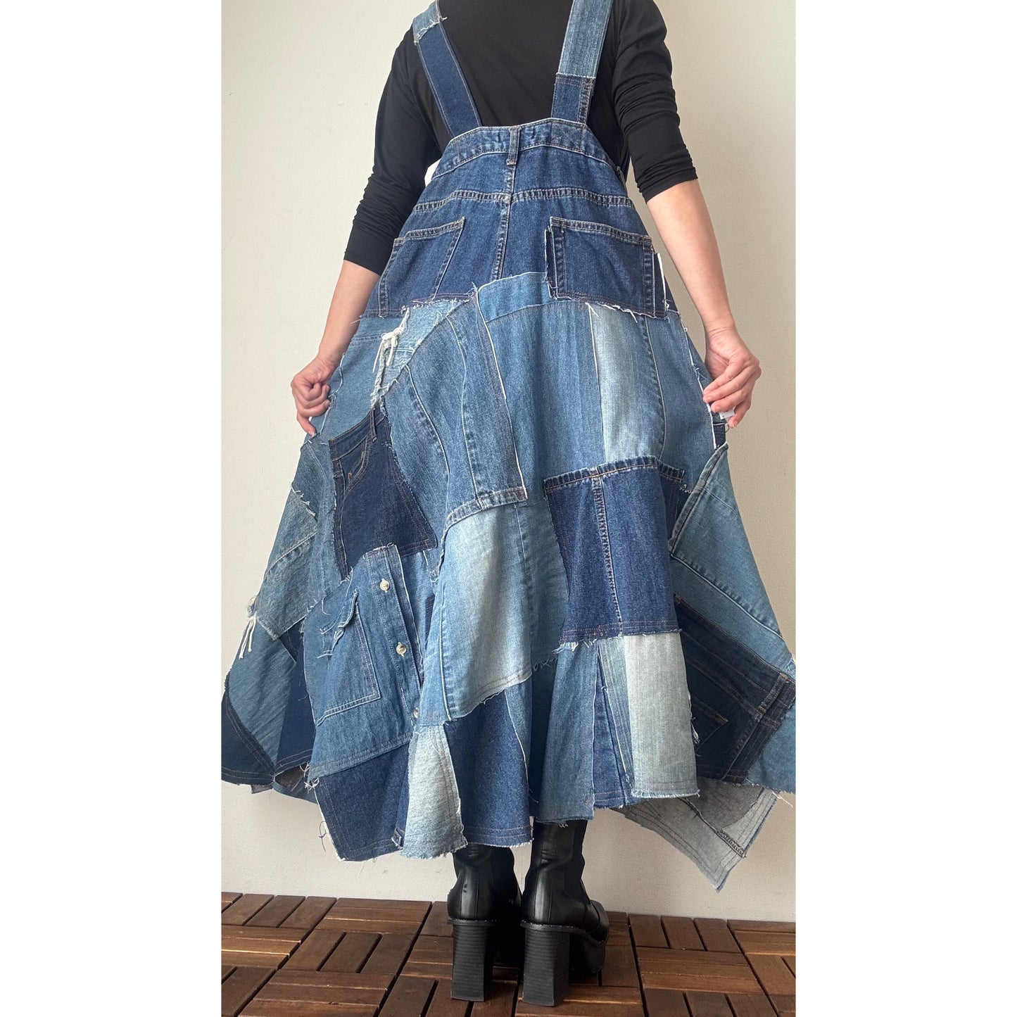 Upcycled Denim Patchwork Jumper Dress – Reconstructed A-Line One-of-a-Kind Piece