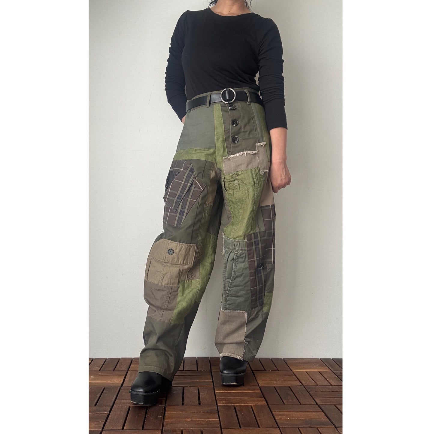 Upcycled Khaki Patchwork Pants, Balloon Silhouette Olive Green Trousers, Handmade Reworked Cotton Linen, One of a Kind