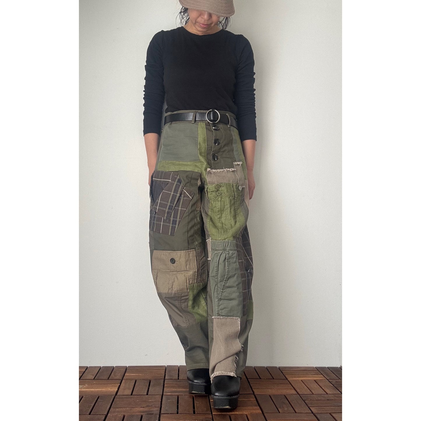 Upcycled Khaki Patchwork Pants, Balloon Silhouette Olive Green Trousers, Handmade Reworked Cotton Linen, One of a Kind