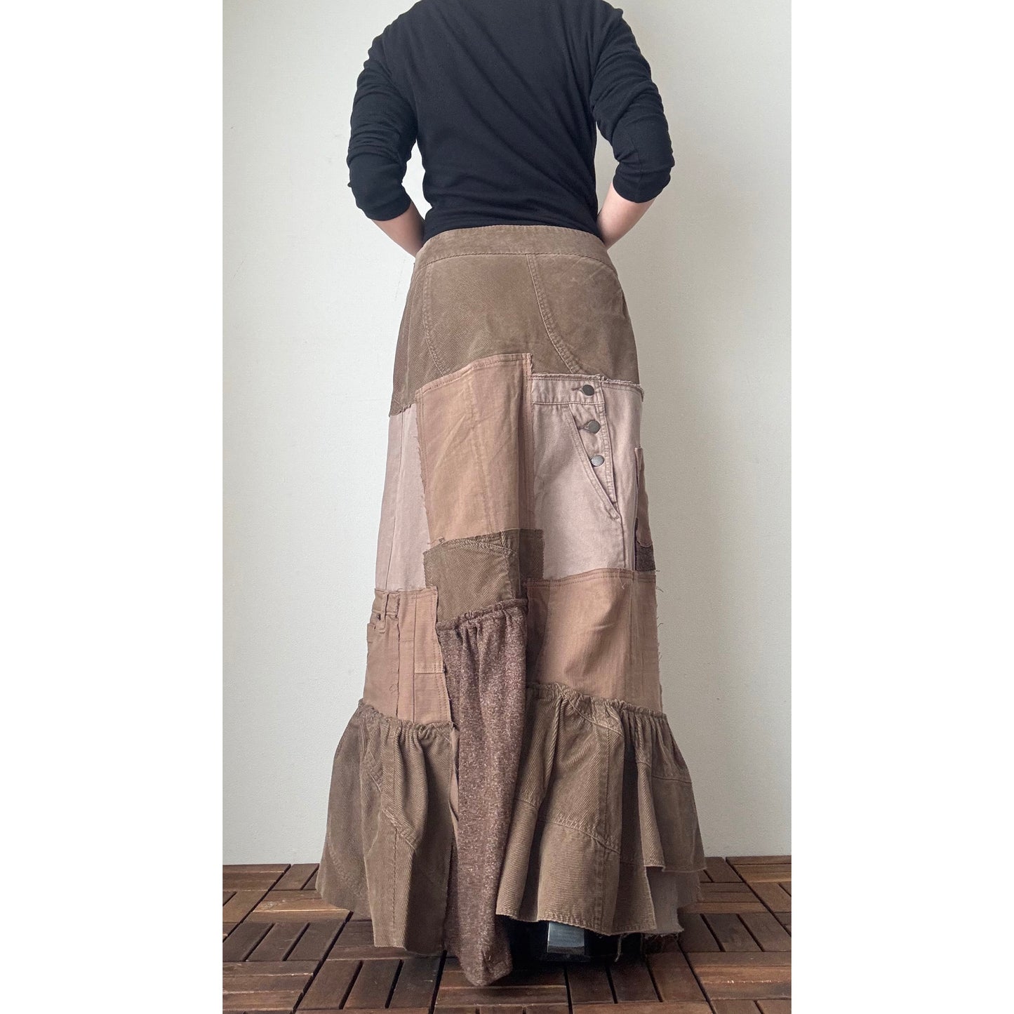 Upcycled Brown Patchwork Maxi Skirt / Mermaid Silhouette / Tweed & Corduroy / Preloved Denim / Fall–Winter
