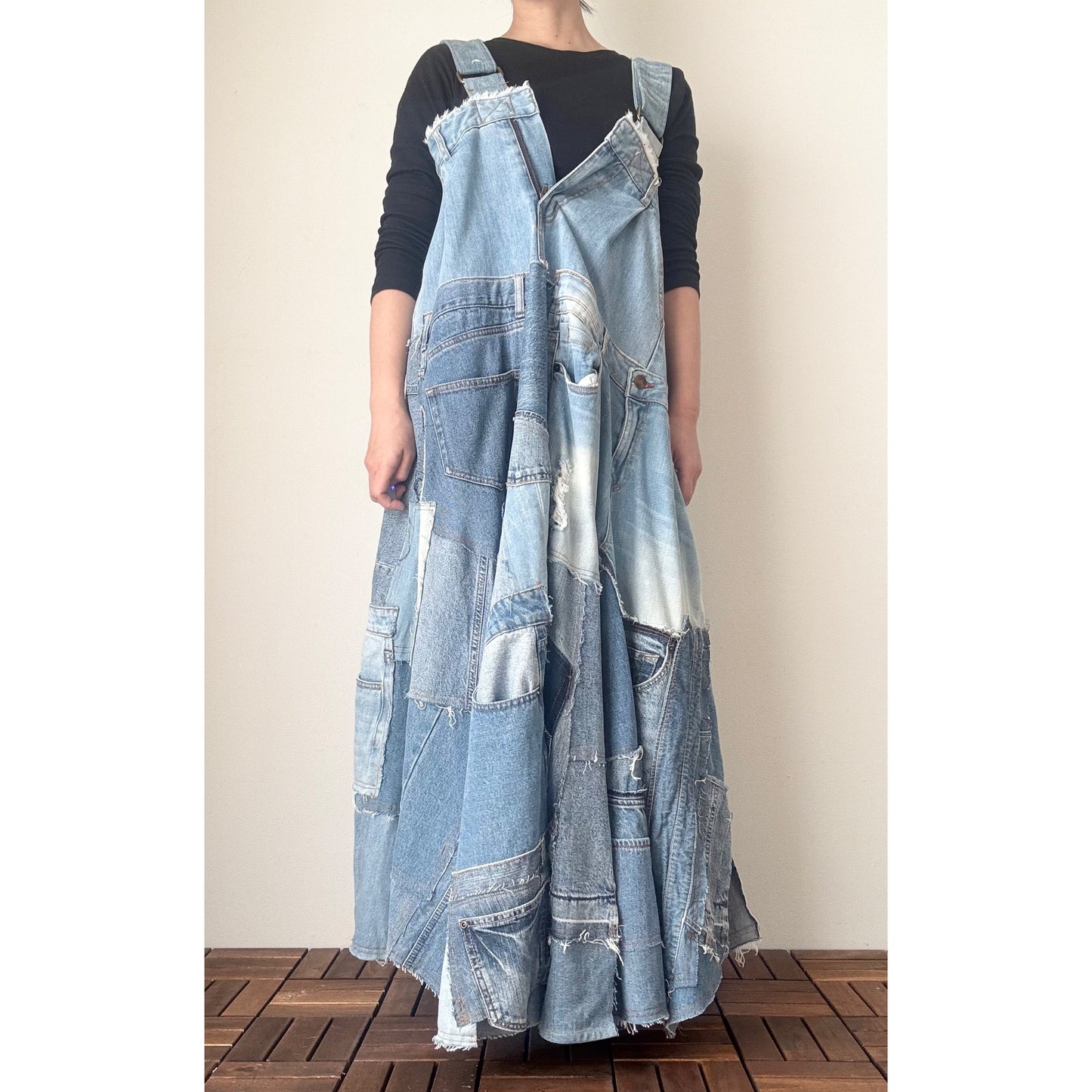 Bold Upcycled Denim Jumper Dress – Asymmetrical Patchwork Maxi, Handmade One-of-a-Kind