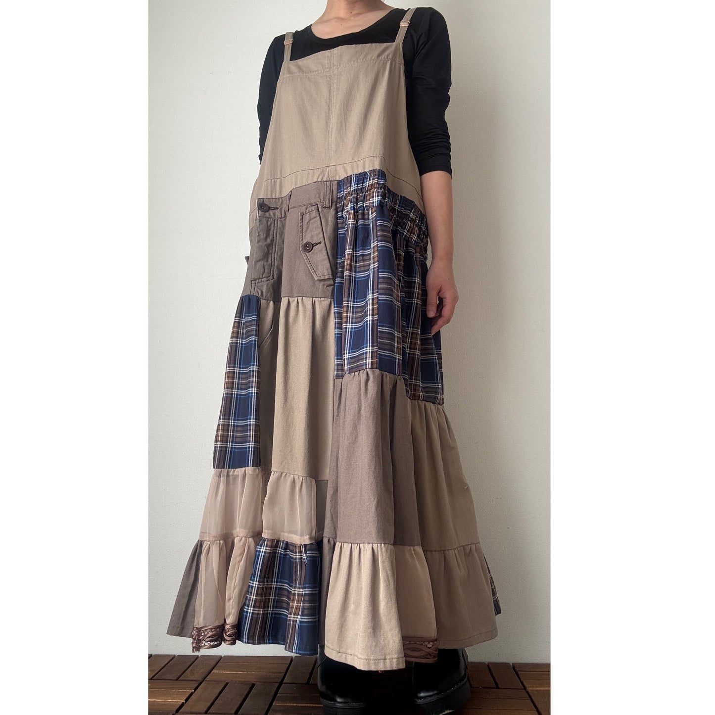 Upcycled Patchwork Jumper Dress – Beige & Navy Plaid Tiered One-of-a-Kind Piece