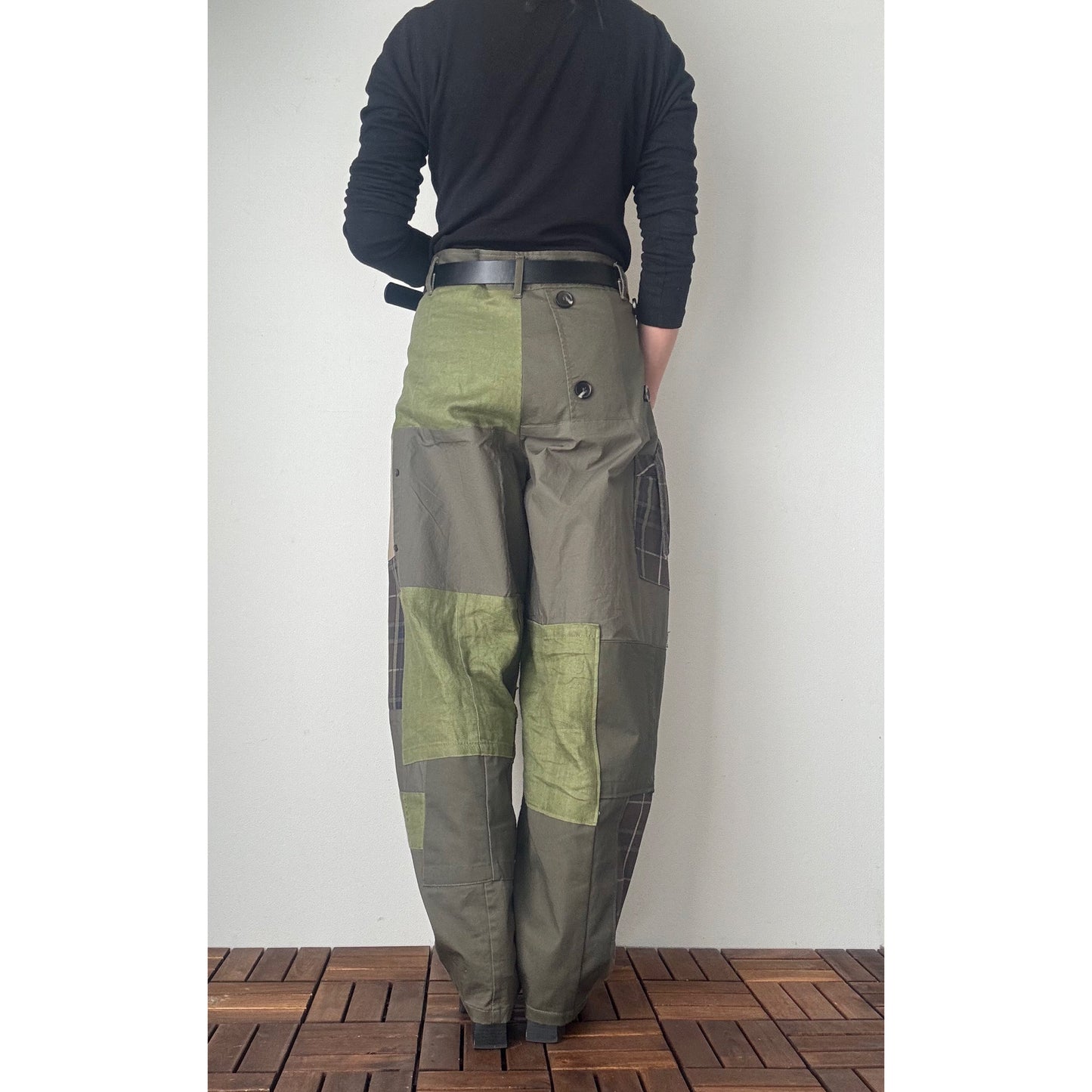 Upcycled Khaki Patchwork Pants, Balloon Silhouette Olive Green Trousers, Handmade Reworked Cotton Linen, One of a Kind