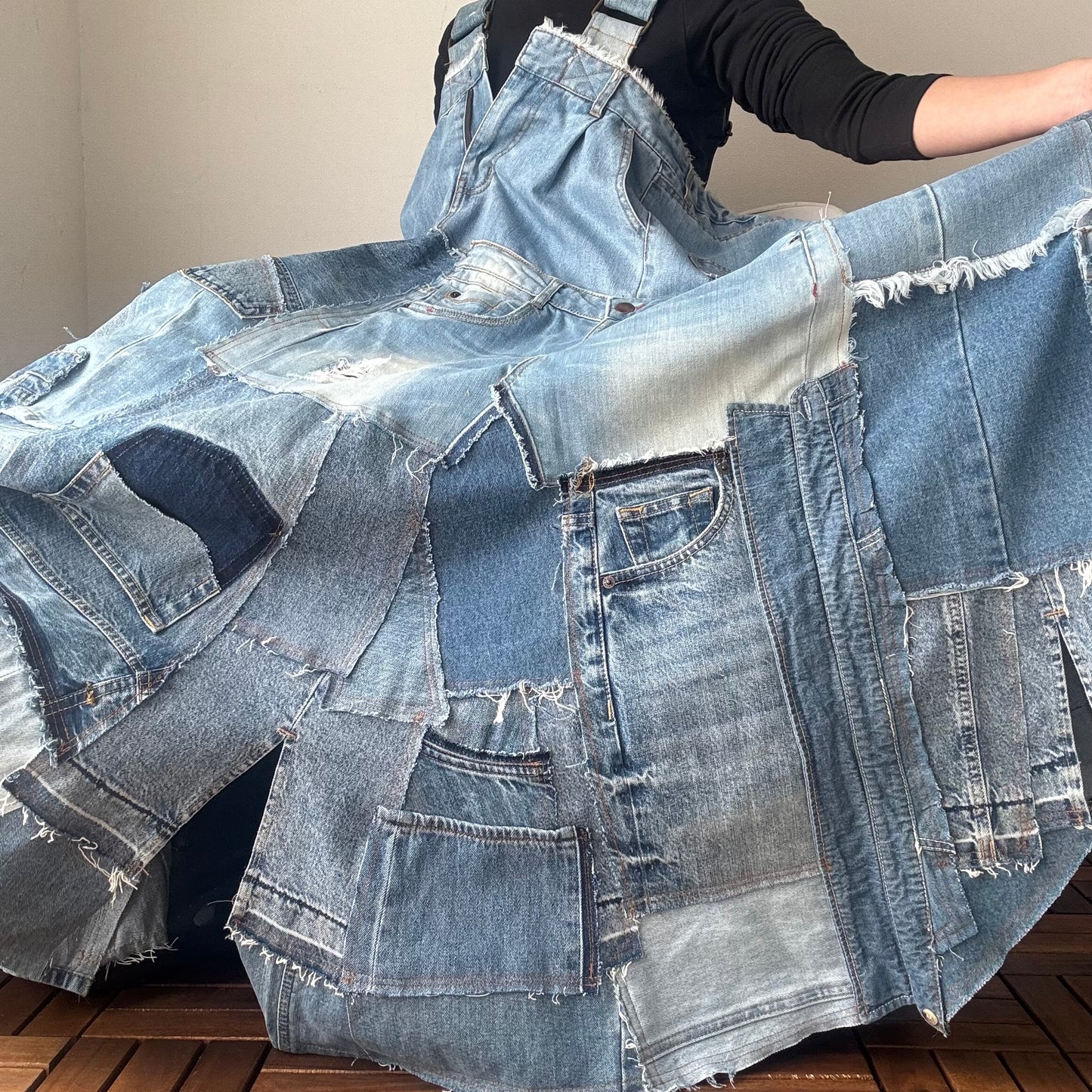 Bold Upcycled Denim Jumper Dress – Asymmetrical Patchwork Maxi, Handmade One-of-a-Kind