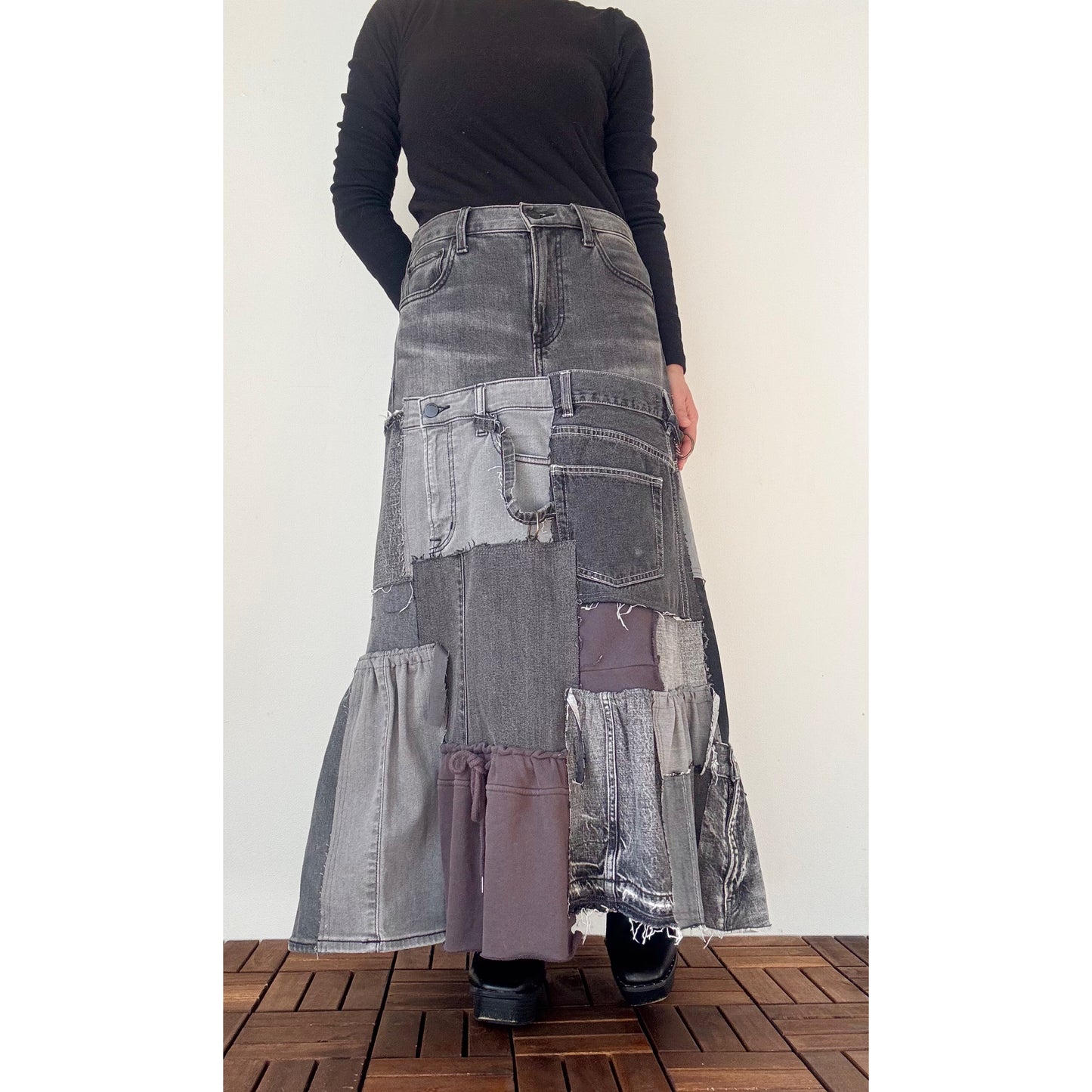 Upcycled Gray Denim Patchwork Long Skirt / Reconstructed Jeans Maxi Skirt / One-of-a-kind Handmade Upcycled Clothing