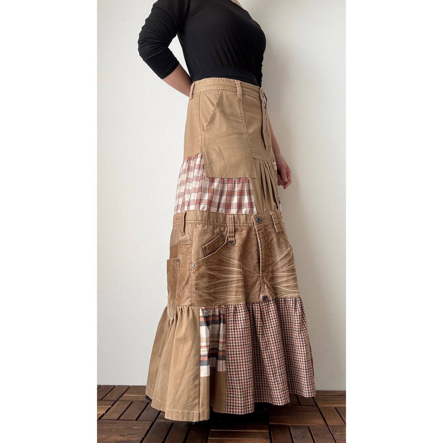 Upcycled Patchwork Maxi Skirt – Long Tiered Skirt with Corduroy, Wool, Plaid & Buttons | M–L | Shipping Included