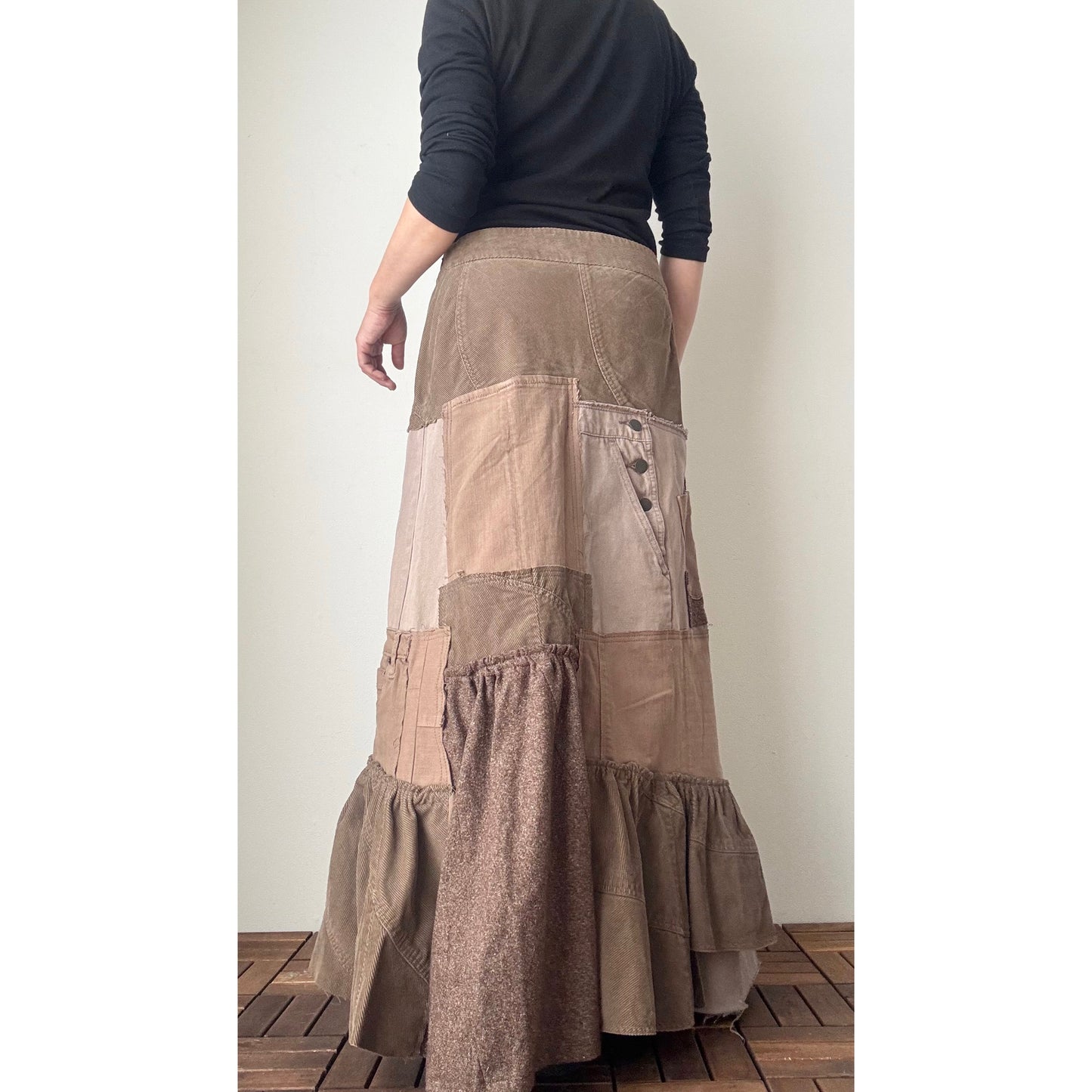 Upcycled Brown Patchwork Maxi Skirt / Mermaid Silhouette / Tweed & Corduroy / Preloved Denim / Fall–Winter