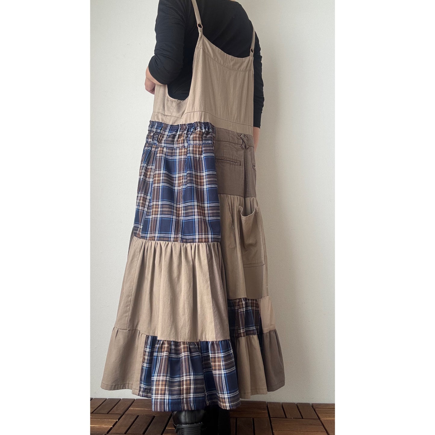 Upcycled Patchwork Jumper Dress – Beige & Navy Plaid Tiered One-of-a-Kind Piece