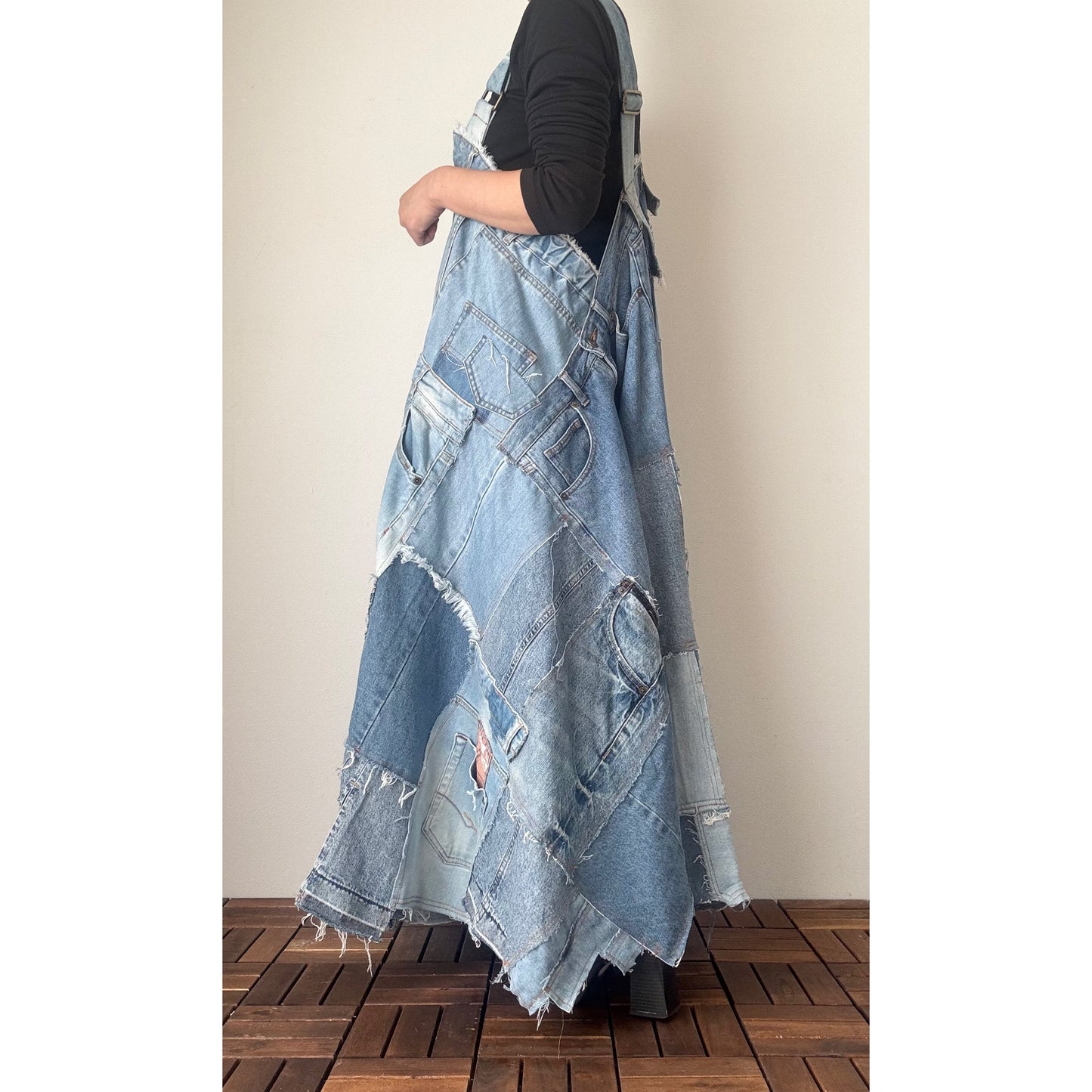 Bold Upcycled Denim Jumper Dress – Asymmetrical Patchwork Maxi, Handmade One-of-a-Kind