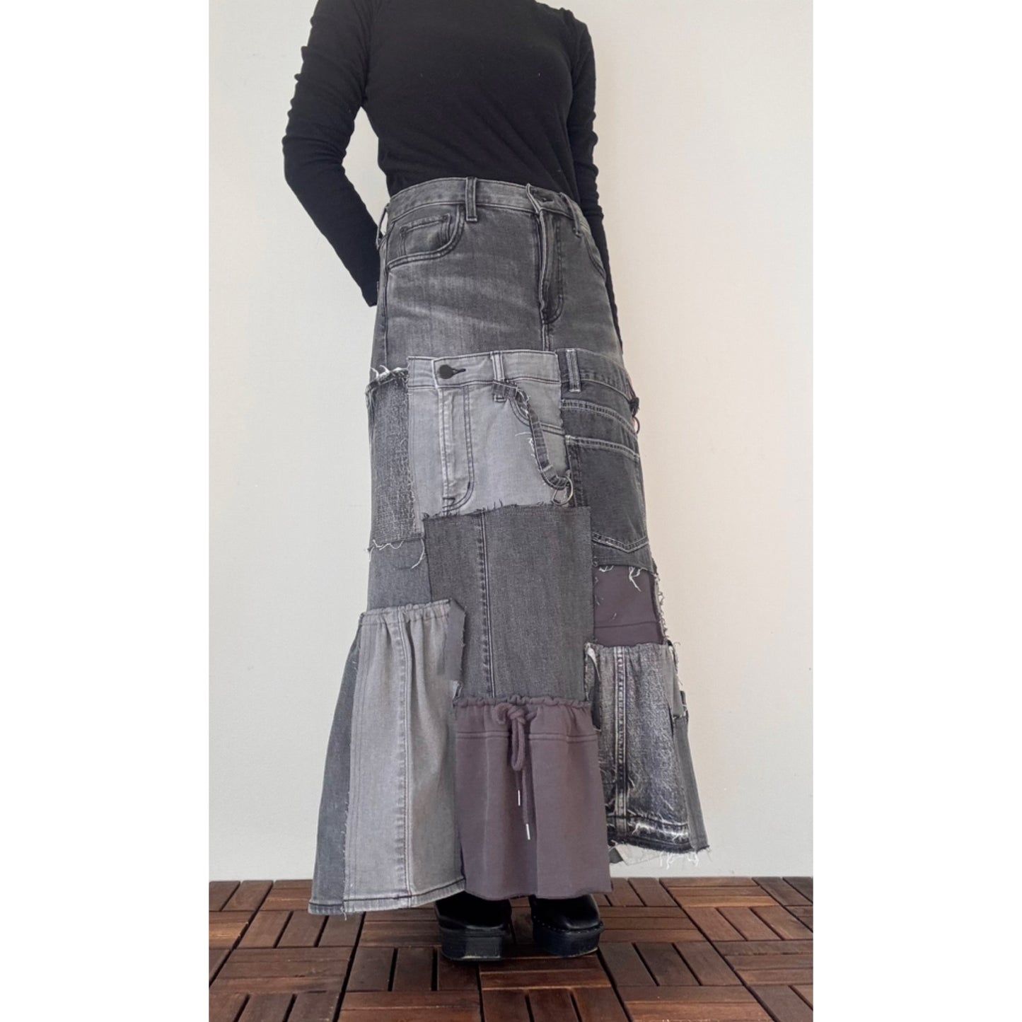 Upcycled Gray Denim Patchwork Long Skirt / Reconstructed Jeans Maxi Skirt / One-of-a-kind Handmade Upcycled Clothing