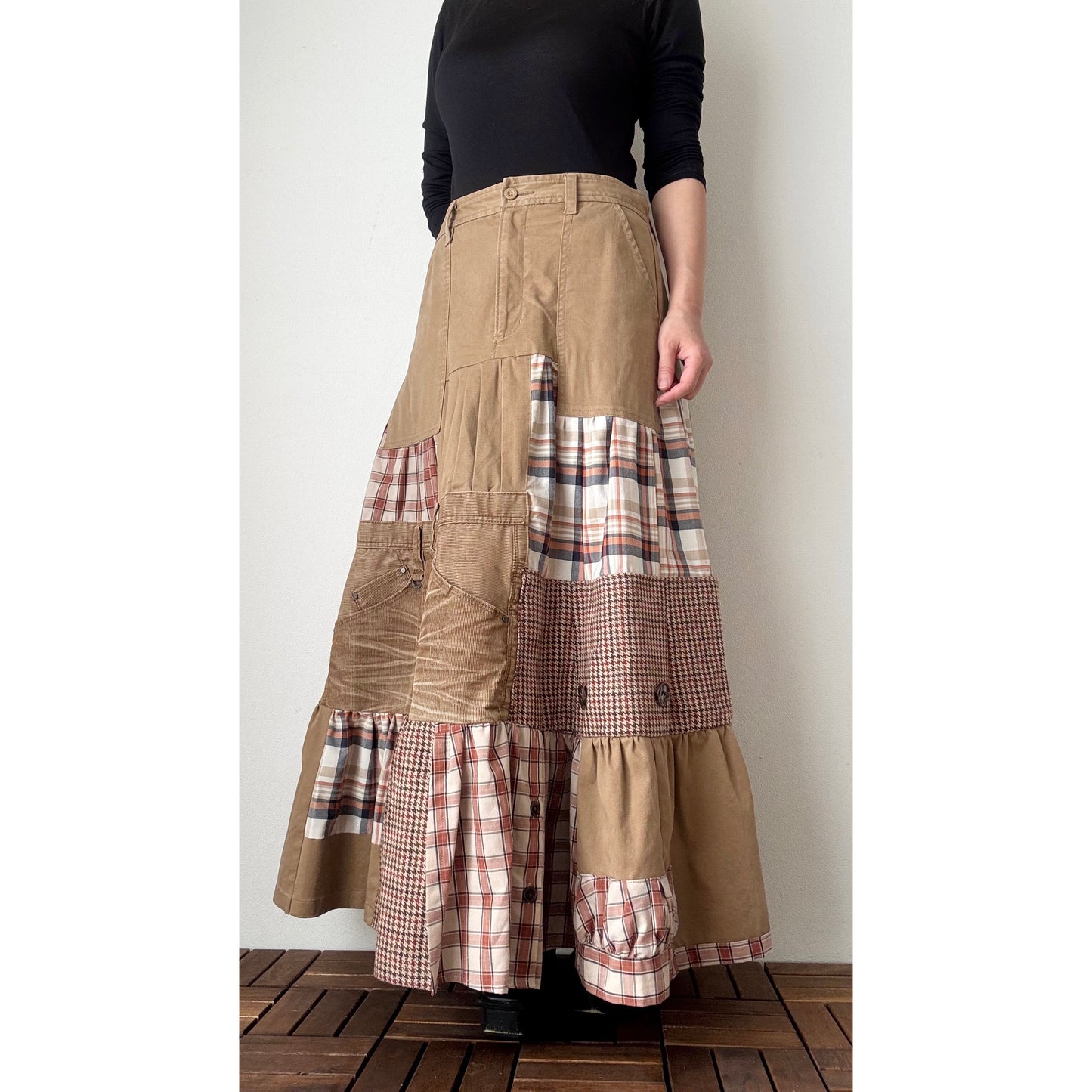 Upcycled Patchwork Maxi Skirt – Long Tiered Skirt with Corduroy, Wool, Plaid & Buttons | M–L | Shipping Included