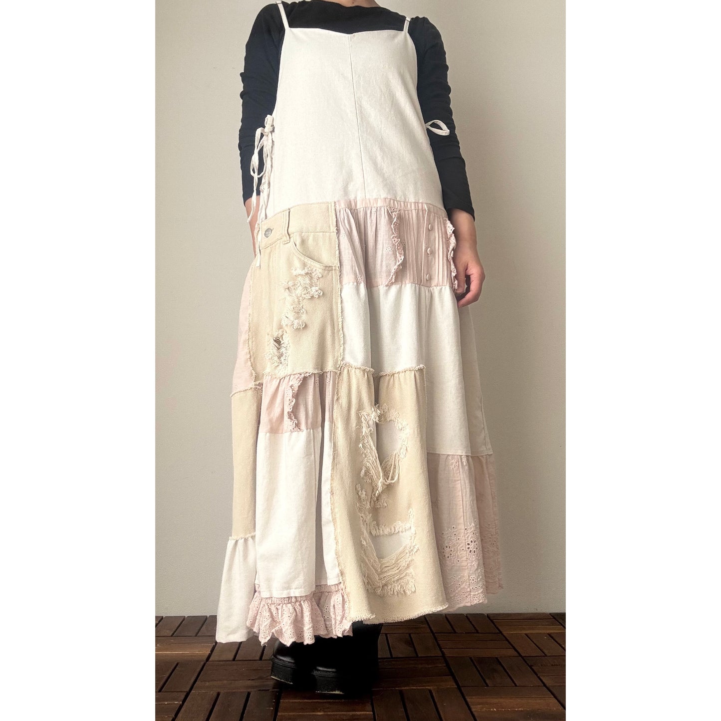 Upcycled Linen & Lace Jumper Dress – Patchwork Maxi with Distressed Denim Details | One-of-a-Kind