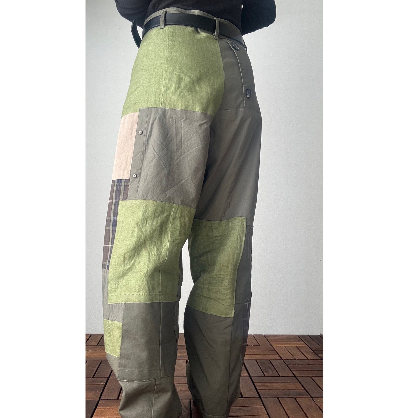 Upcycled Khaki Patchwork Pants, Balloon Silhouette Olive Green Trousers, Handmade Reworked Cotton Linen, One of a Kind