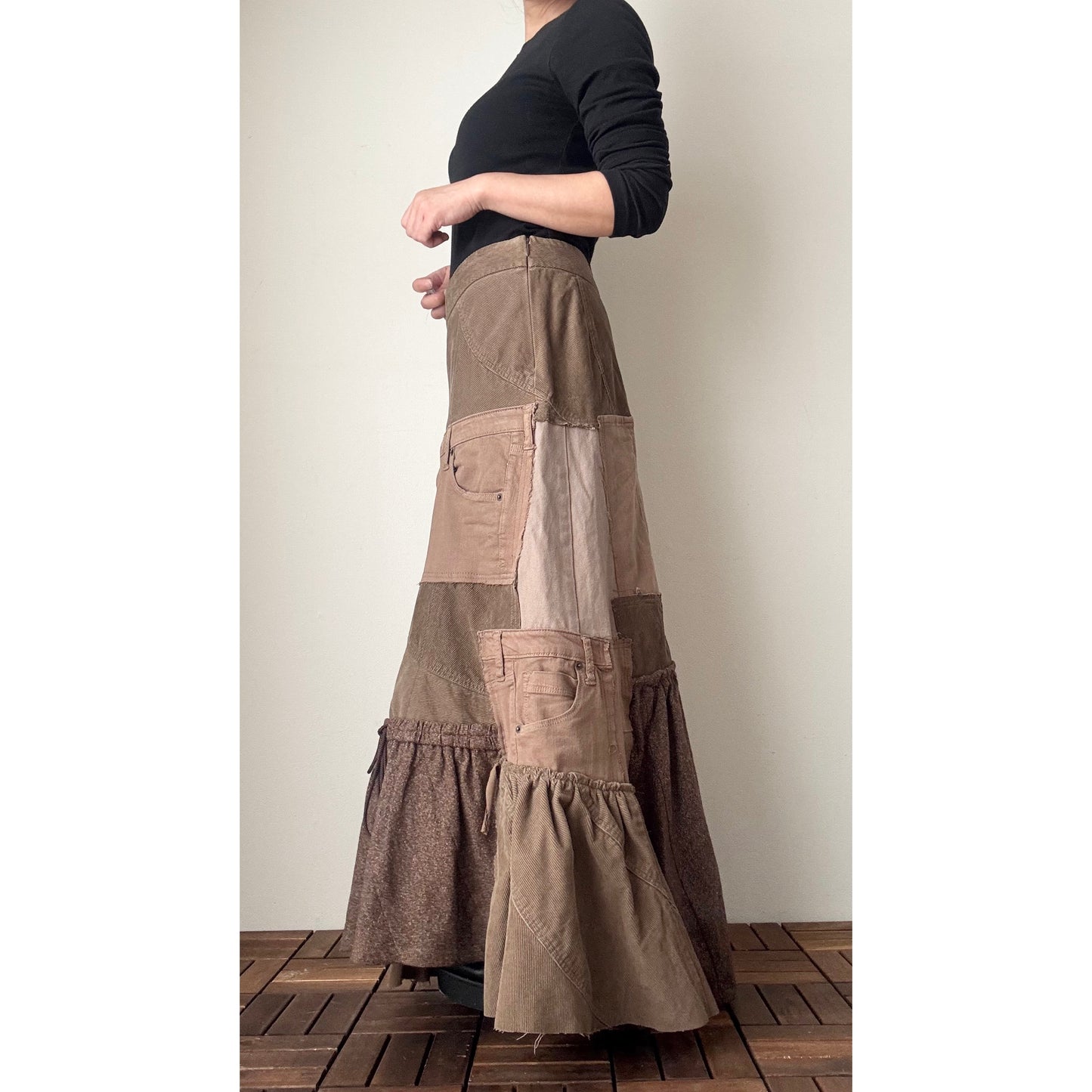Upcycled Brown Patchwork Maxi Skirt / Mermaid Silhouette / Tweed & Corduroy / Preloved Denim / Fall–Winter