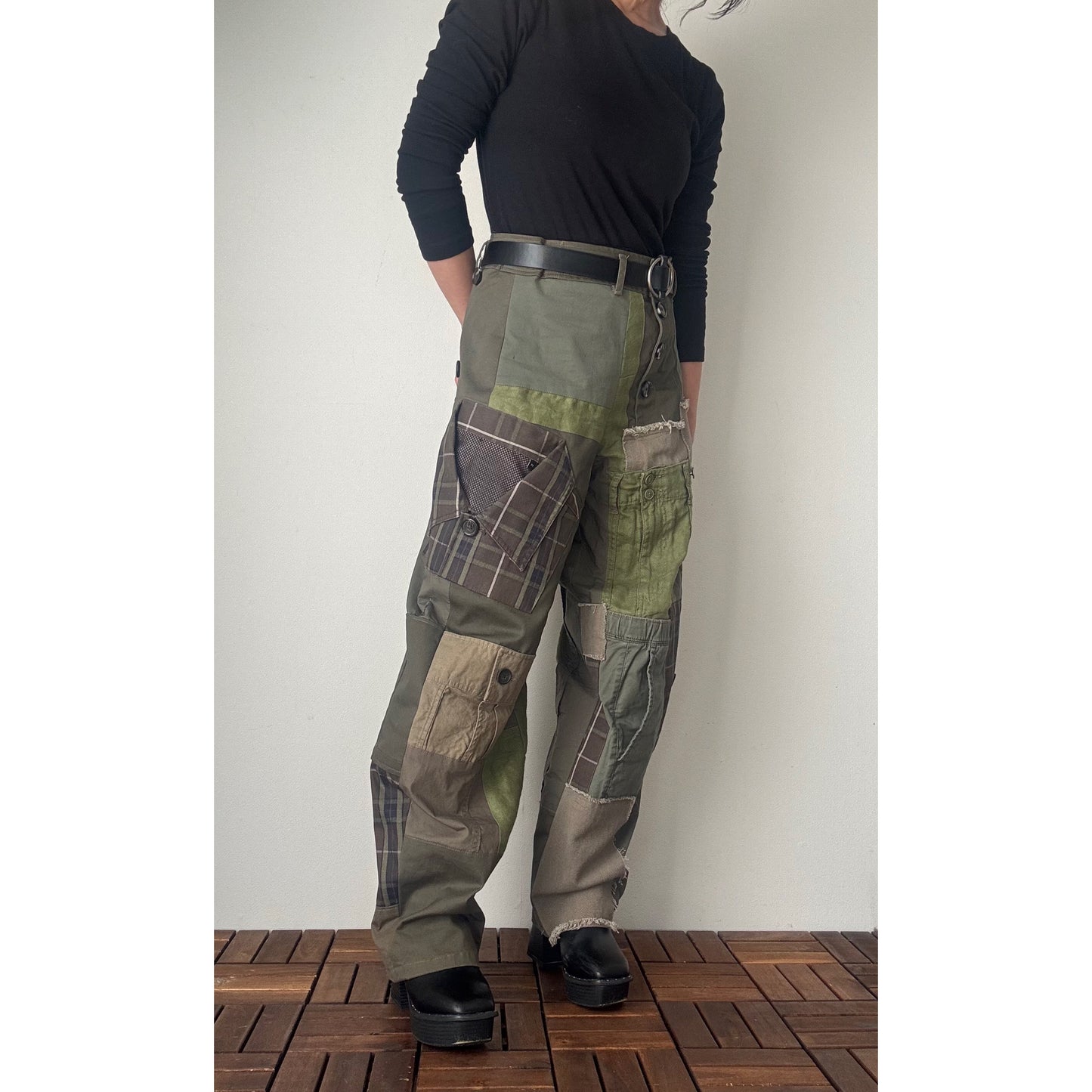 Upcycled Khaki Patchwork Pants, Balloon Silhouette Olive Green Trousers, Handmade Reworked Cotton Linen, One of a Kind