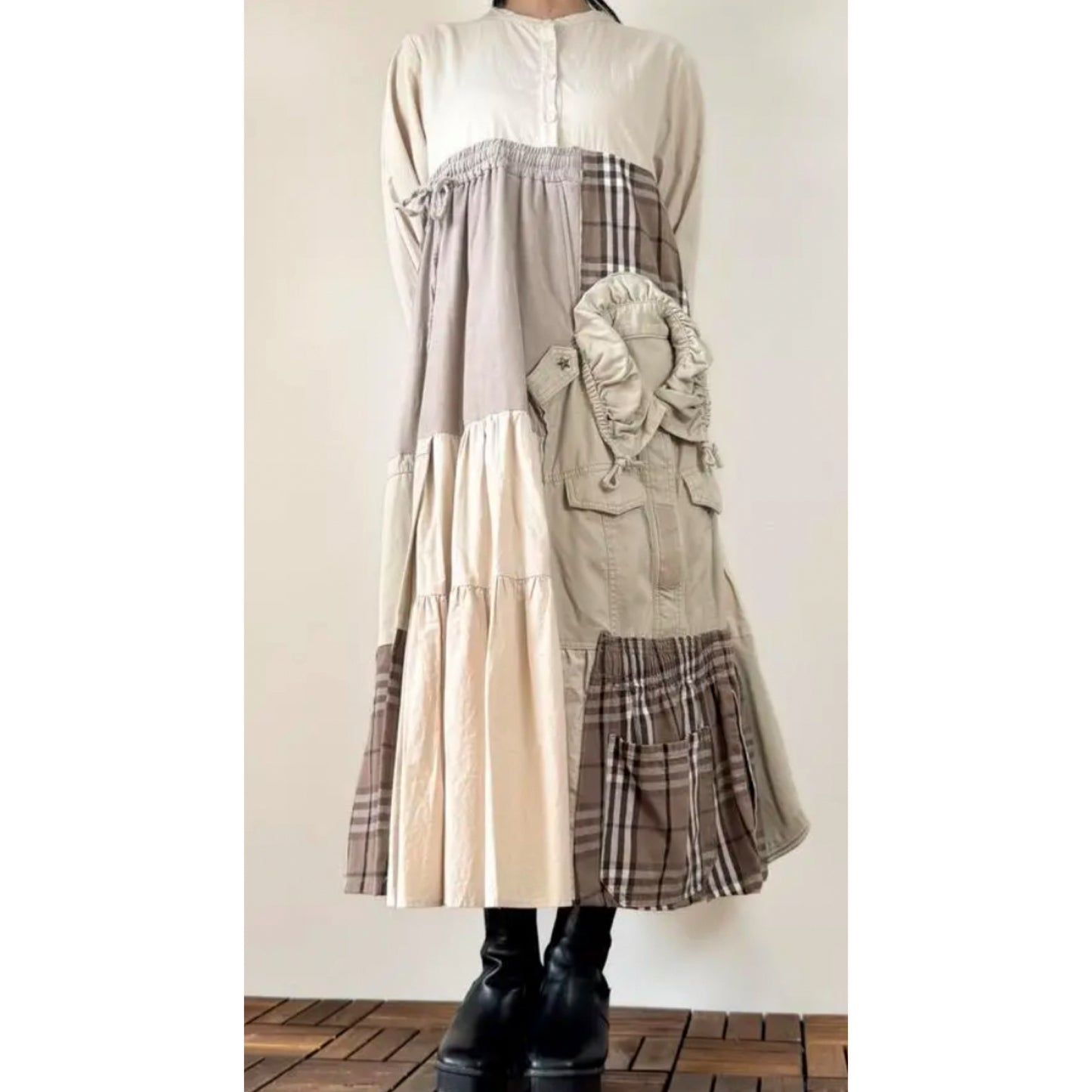 Upcycled Patchwork Midi Dress Crafted from Earth-Tone Secondhand Garments | One-of-a-Kind Handmade Piece