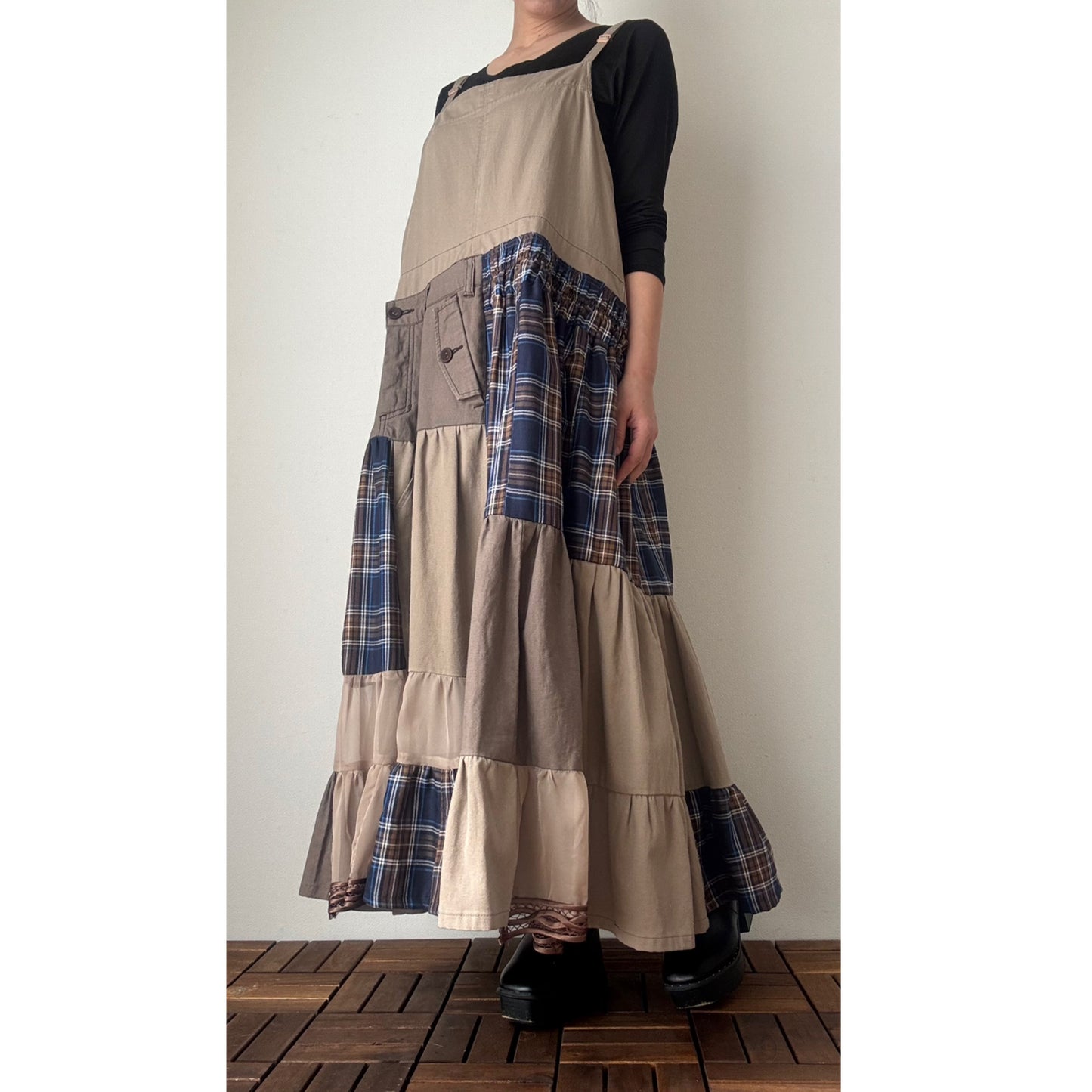 Upcycled Patchwork Jumper Dress – Beige & Navy Plaid Tiered One-of-a-Kind Piece