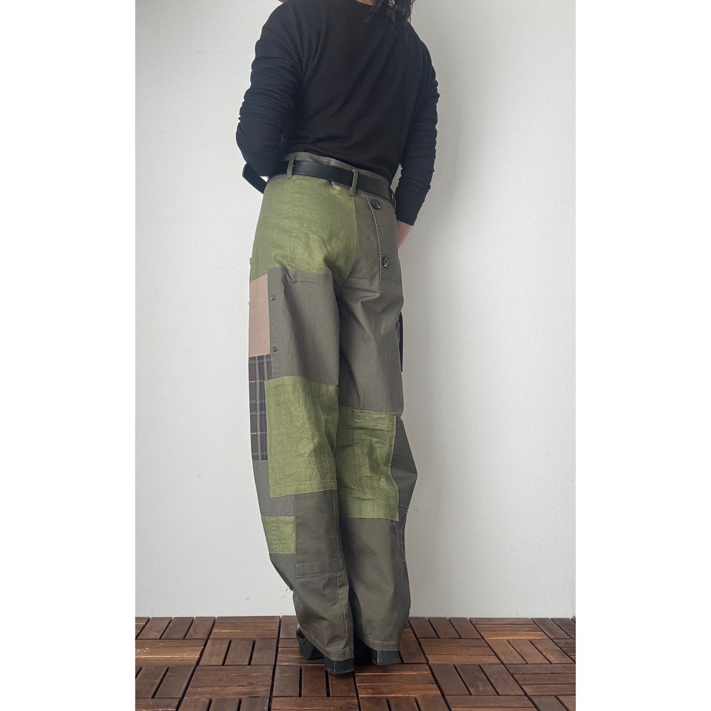 Upcycled Khaki Patchwork Pants, Balloon Silhouette Olive Green Trousers, Handmade Reworked Cotton Linen, One of a Kind