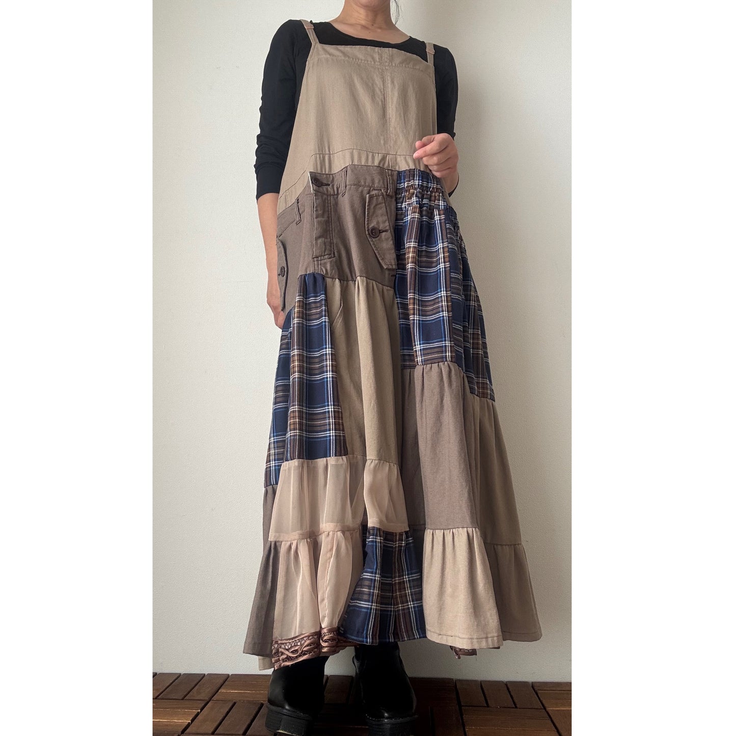 Upcycled Patchwork Jumper Dress – Beige & Navy Plaid Tiered One-of-a-Kind Piece