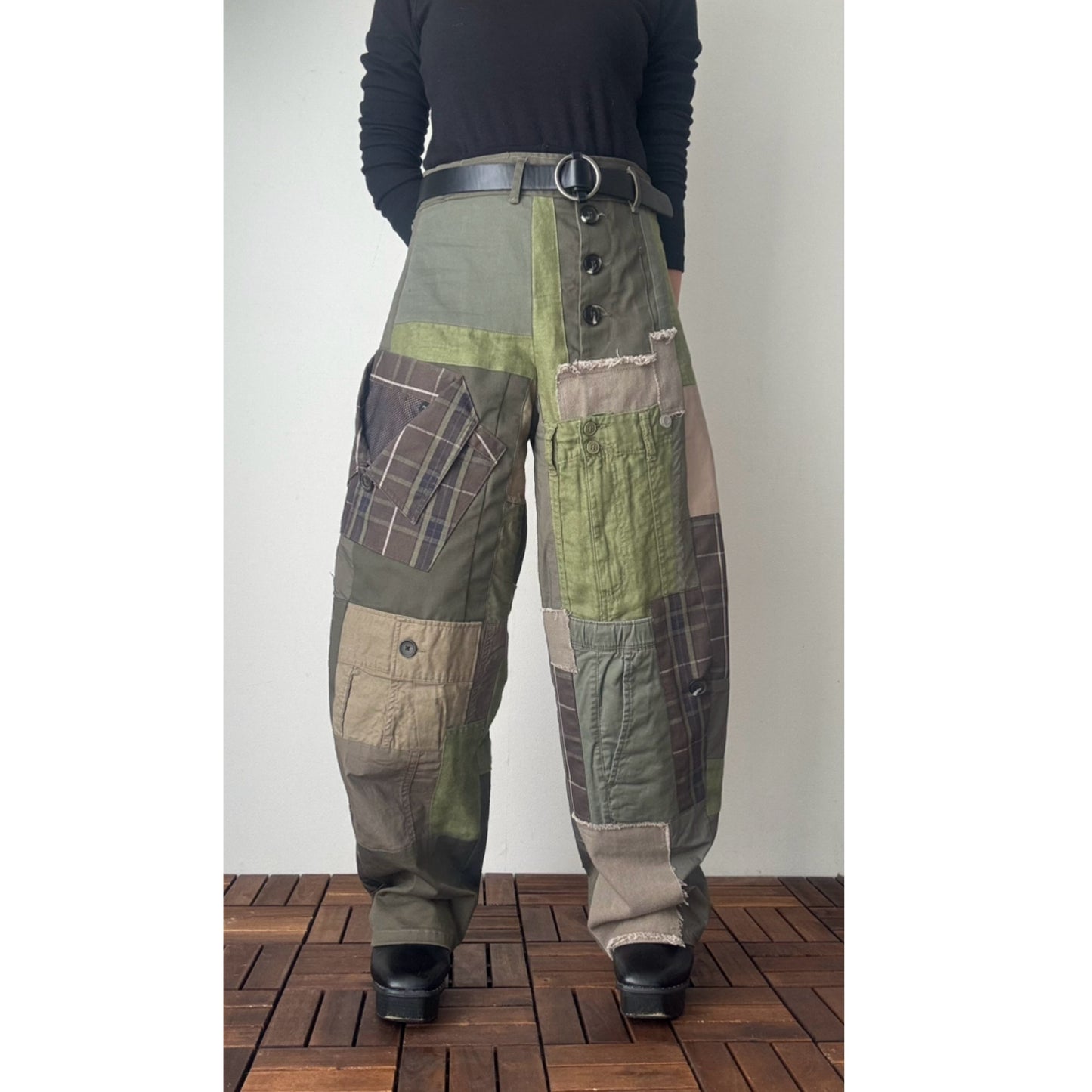 Upcycled Khaki Patchwork Pants, Balloon Silhouette Olive Green Trousers, Handmade Reworked Cotton Linen, One of a Kind
