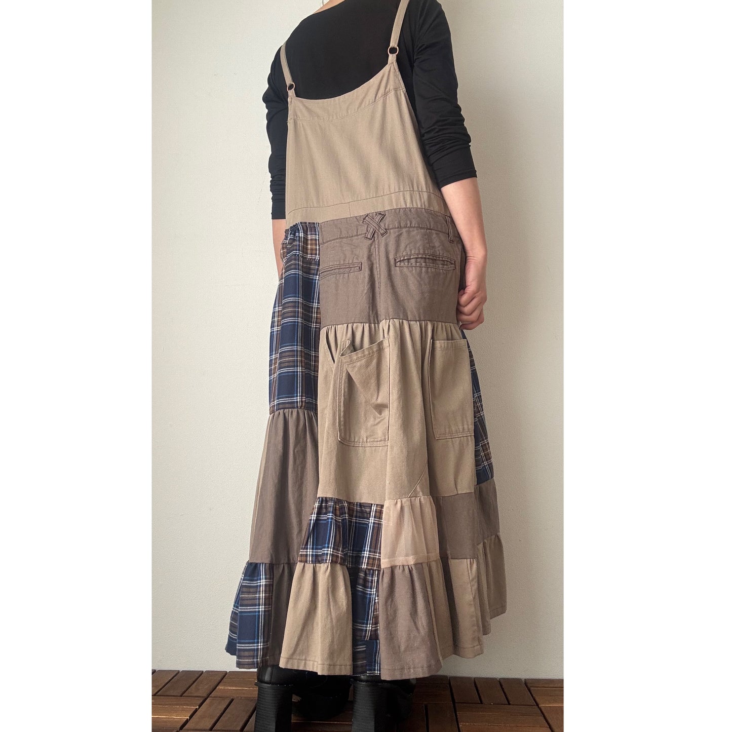 Upcycled Patchwork Jumper Dress – Beige & Navy Plaid Tiered One-of-a-Kind Piece