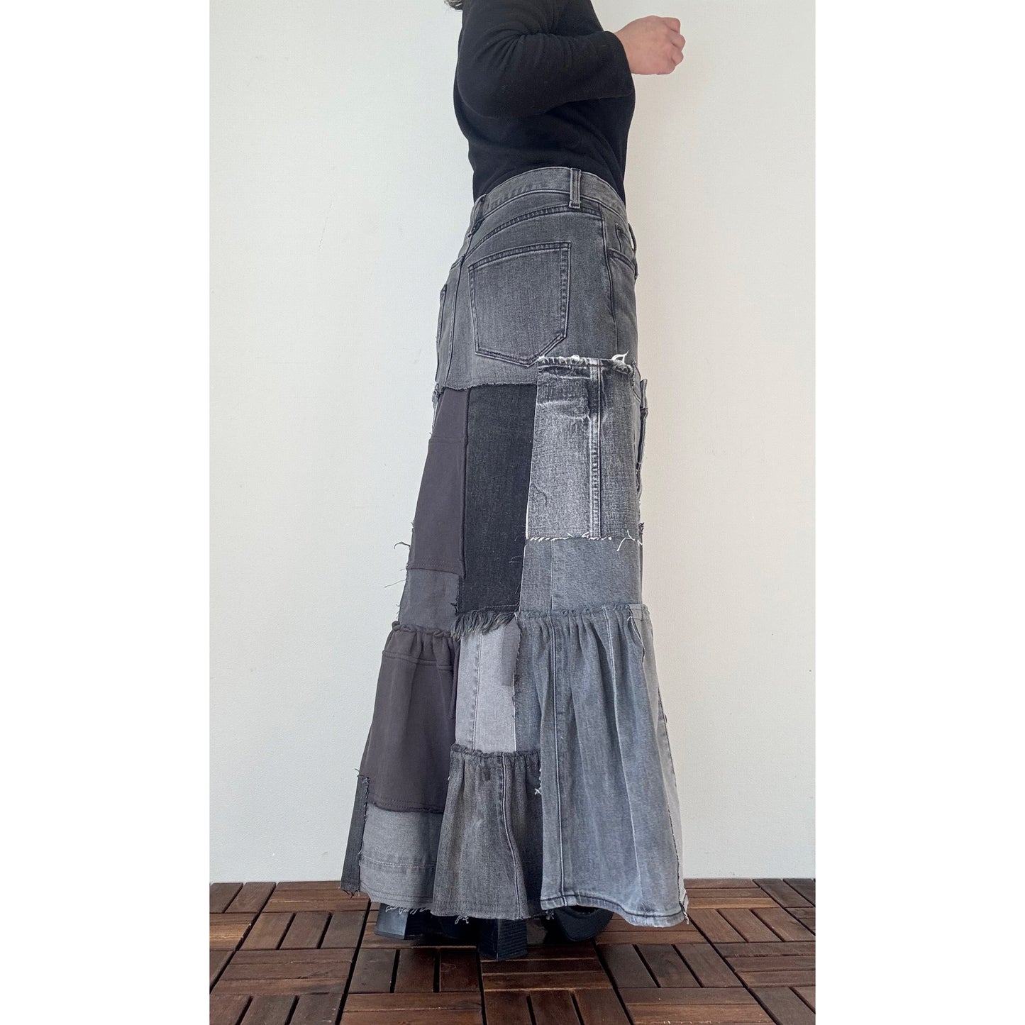 Upcycled Gray Denim Patchwork Long Skirt / Reconstructed Jeans Maxi Skirt / One-of-a-kind Handmade Upcycled Clothing