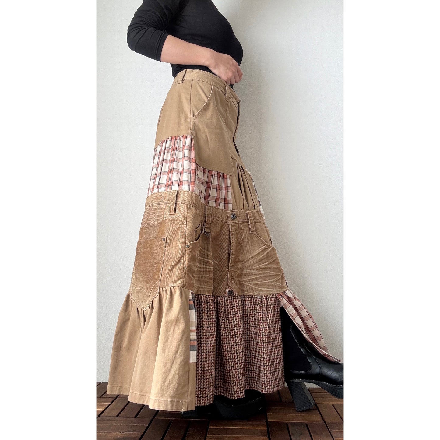 Upcycled Patchwork Maxi Skirt – Long Tiered Skirt with Corduroy, Wool, Plaid & Buttons | M–L | Shipping Included