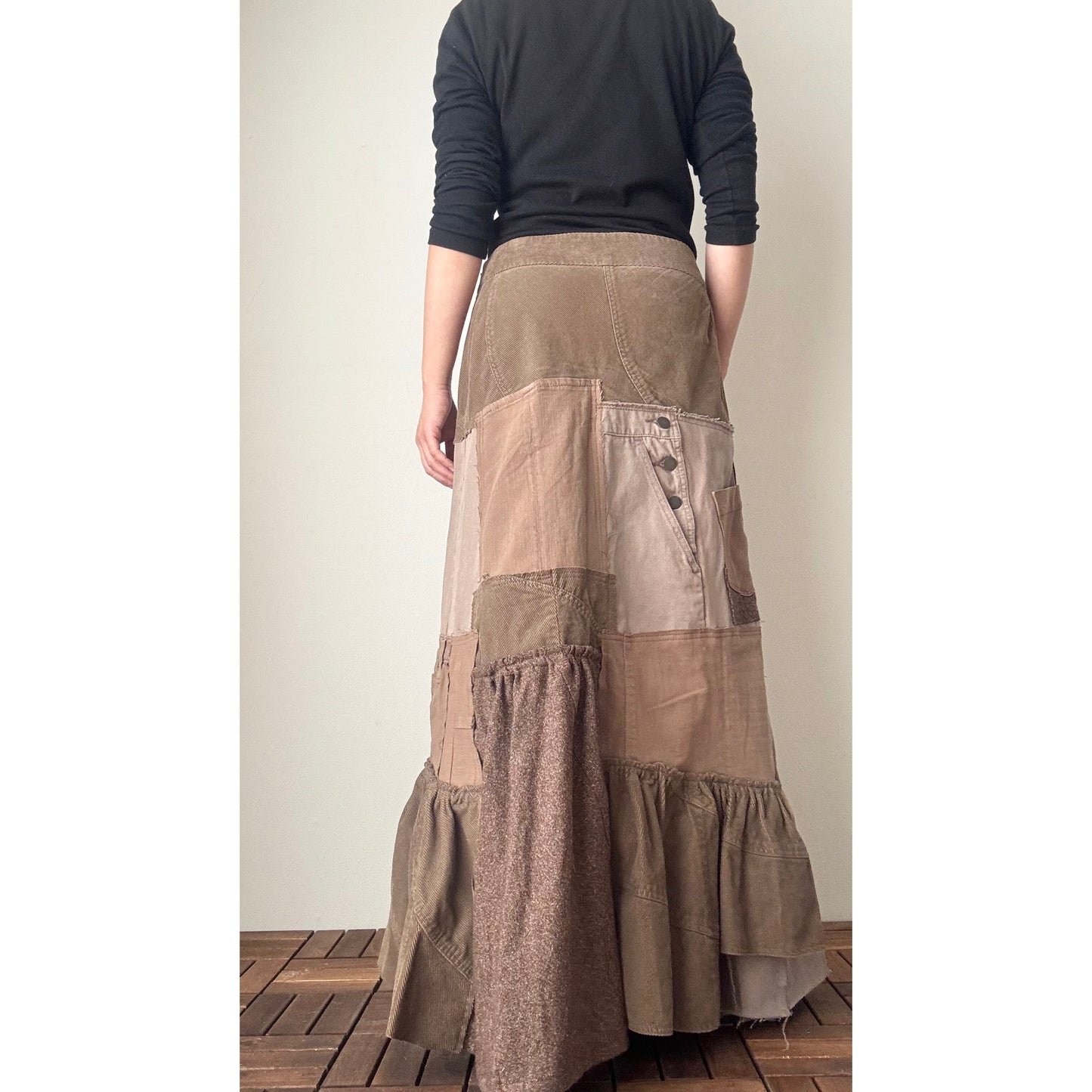Upcycled Brown Patchwork Maxi Skirt / Mermaid Silhouette / Tweed & Corduroy / Preloved Denim / Fall–Winter