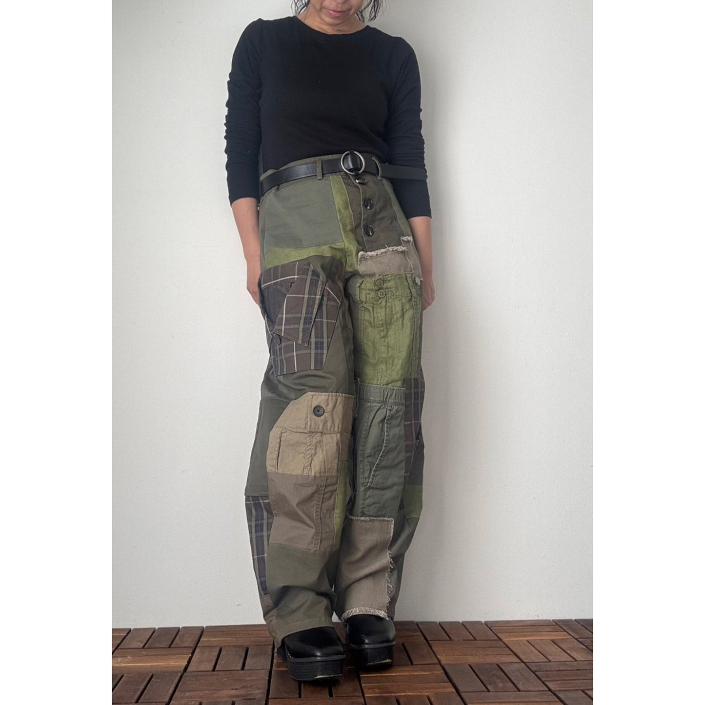 Upcycled Khaki Patchwork Pants, Balloon Silhouette Olive Green Trousers, Handmade Reworked Cotton Linen, One of a Kind