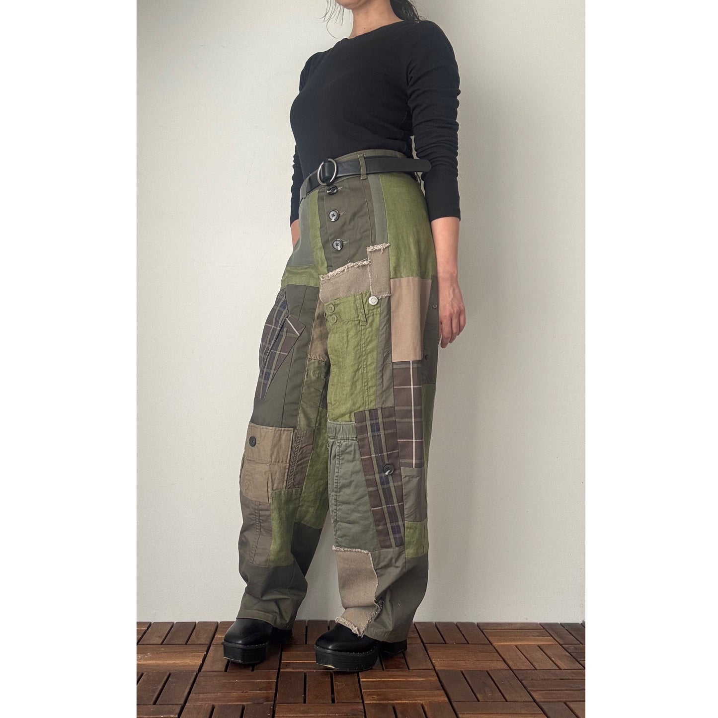 Upcycled Khaki Patchwork Pants, Balloon Silhouette Olive Green Trousers, Handmade Reworked Cotton Linen, One of a Kind